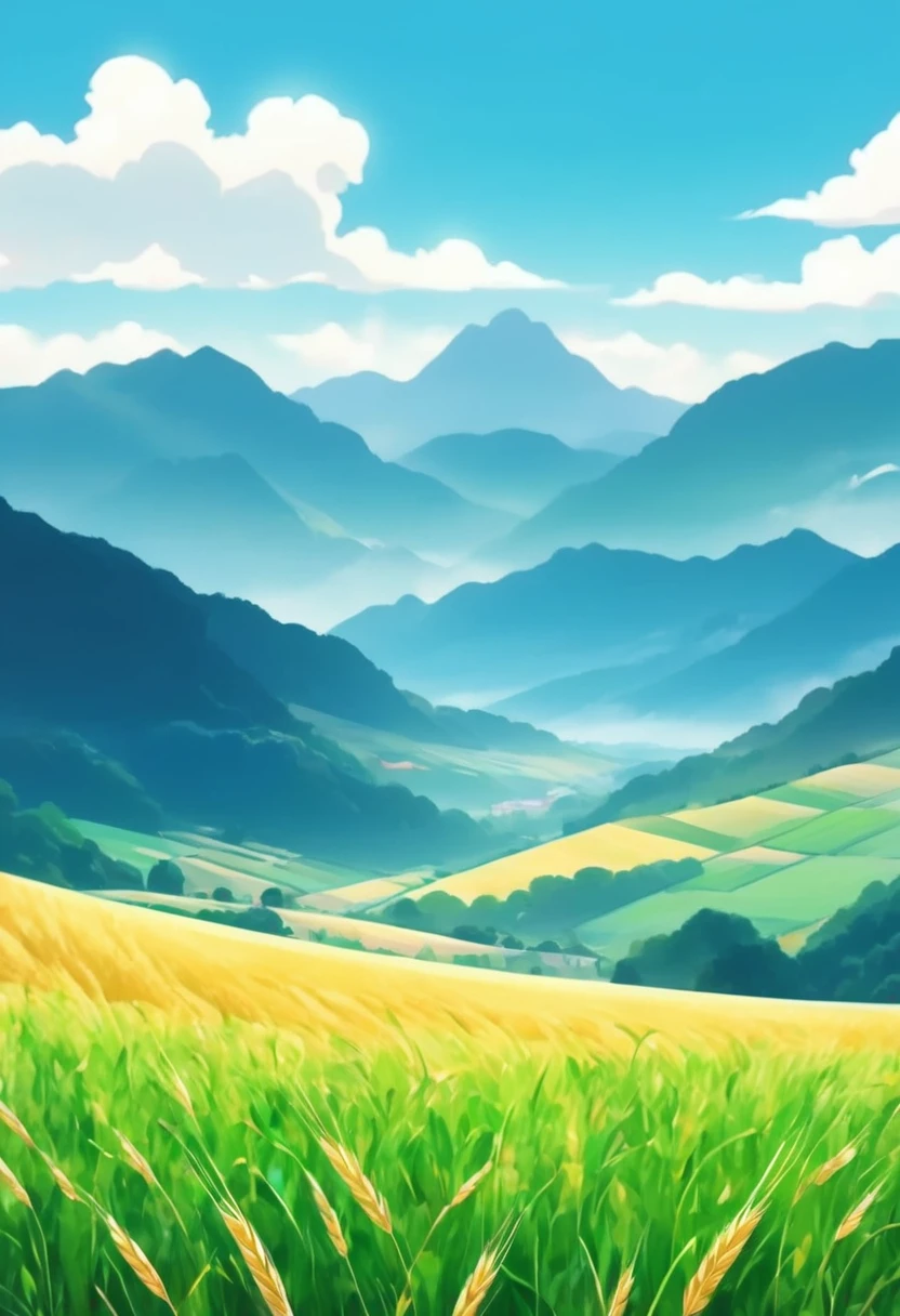 autumn，（Autumn），（Close-up of light green wheat field）（Mai Lang），Cyan mountains in the distance，Ginkgo leaves fluttering in the air，（Blue sky and white clouds），（higher purity），（Moderately saturated），（Clean pictures），The picture gives people an elegance、Relaxing feeling，Adds a naturally calm and unique ambience，Low Angle of View，（Depth of Field），（transparent），Normal composition，（simple），（8K），high quality、High Definition，Ultra HD，（Best quality）