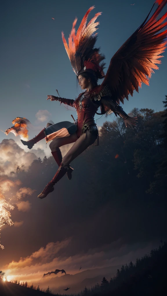 Absurd resolution, high resolution, (work of art: 1.4), hiper-detalhe, and moss, red armor with red wings, floating flight in the sky (1.8) The background is wild, fire