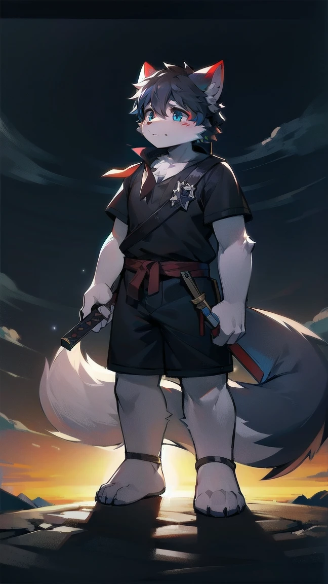 White Wolf,black hair,Sky blue eyes,hairy,Wolf ears,Wolf tail,Full body portrait,The character is in the center of the frame,Handsome,Confident eye***but,juvenile,Black and white combat uniform,Red neck bib,Black shorts,Short sleeve,hairy arms and legs,Dark background,Dark battlefield,dawn,sunrise,dawn,illumination,shadow,Swordsman,Scabbard and Hold the hilt of a in your hand,The scabbard is at the waist,Highest quality,A tall stature