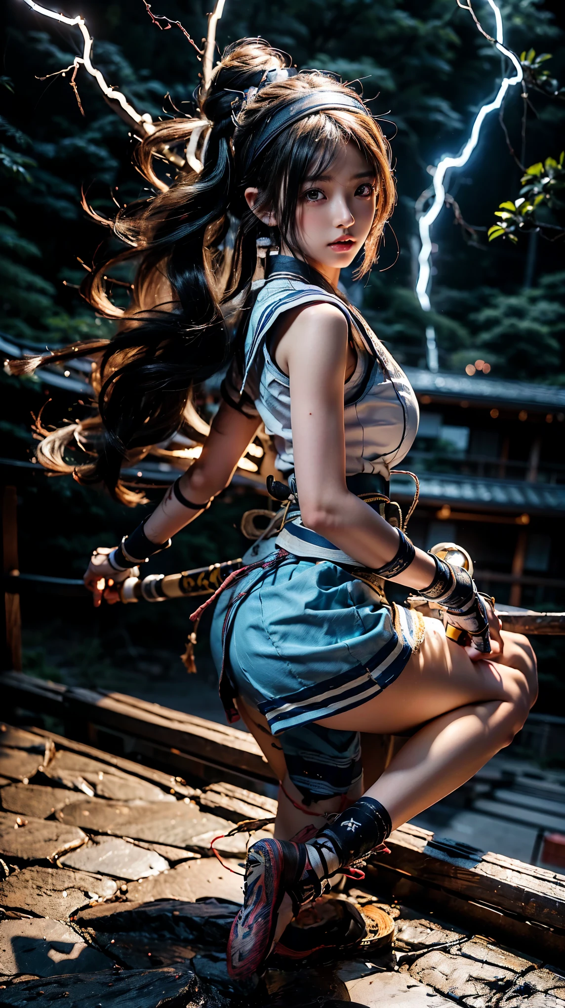 (Ultra HD, Highest quality, High resolution, Hyperrealistic, super beautiful), 24000dpi, Beautiful woman, high school girl, Long Tail, yellow, Headband, Well-formed eyes, Eyesight max, 18-year-old, Alluring, Completely American, perfect body, Big Breasts, Physical Beauty, ((Japanese Sailor Suit:1.5, serafuku, Japanese style mini skirt)), (((Blue Lightning, hold, Electric Japanese Sword, sheath, Charge Move, Special move position, Iai))), All in one, Absurd, (((Anatomically correct))), whole body