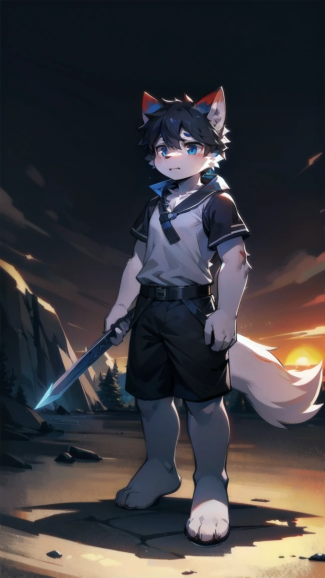 White Wolf，black hair，Sky blue eyes，hairy，Wolf ears，Wolf tail，Full body portrait，The character is in the center of the frame，Handsome，Confident eye***but，juvenile，Black and white combat uniform，Red neck bib，Black shorts，Short sleeve，hairy arms and legs，Dark background，Dark battlefield，dawn，sunrise，dawn，illumination，shadow，Swordsman，Scabbard and Hold the hilt of a in your hand，The scabbard is at the waist，Highest quality,A tall stature