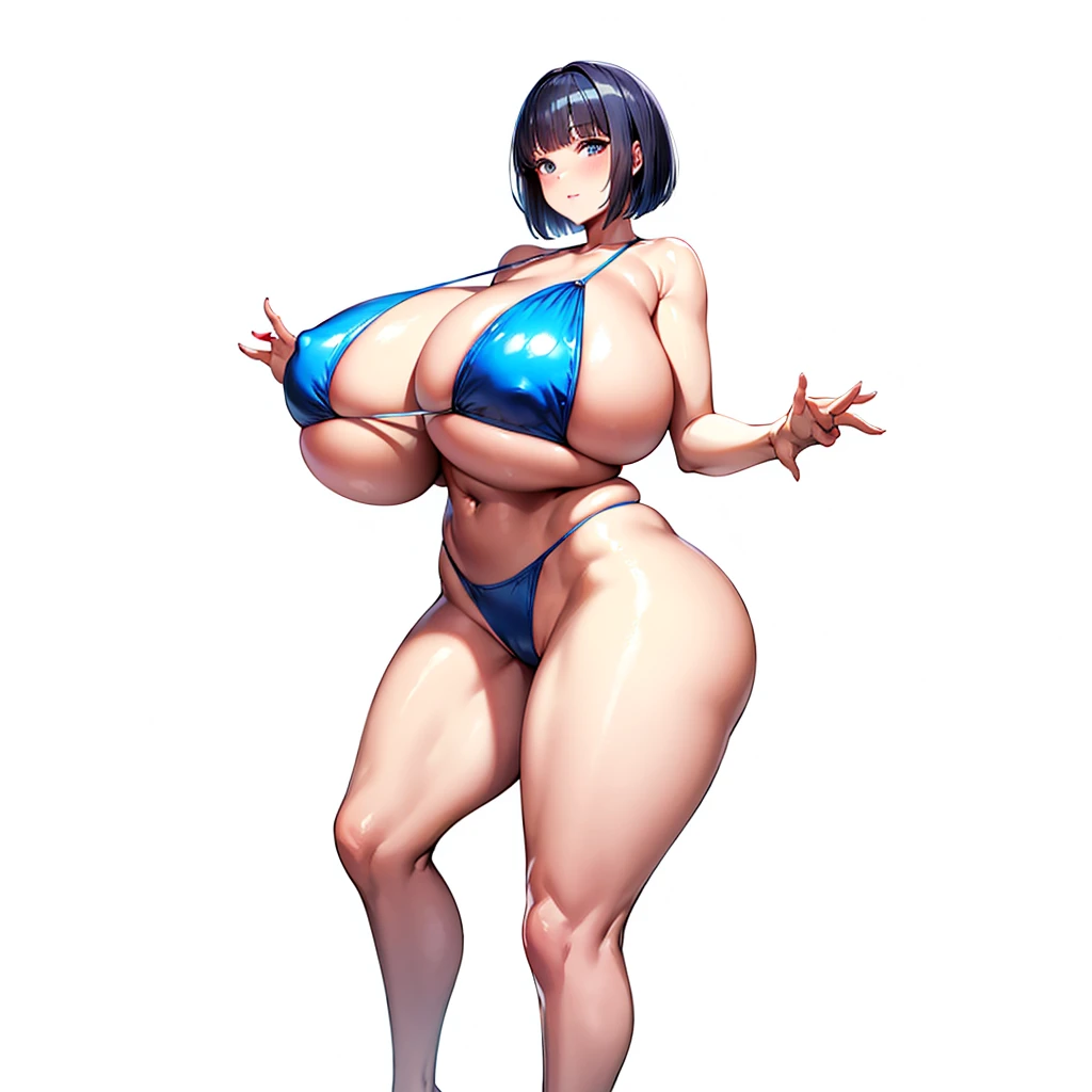 Metallic Colorful swimsuit,1girl,front view,Facing forward,looking at viewer,anime colored,full body,(gigantic breasts),shiny Skin,{bob cut!!,blunt bangs,black Blue Hair},white background