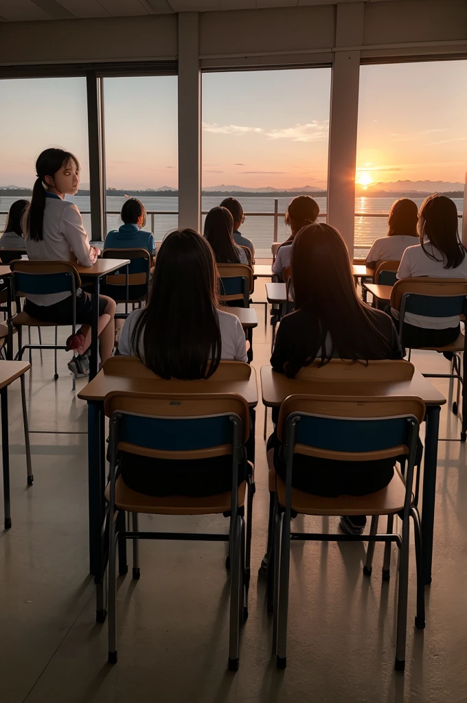 teacher teaching 30 students sitting on chairs at sunset