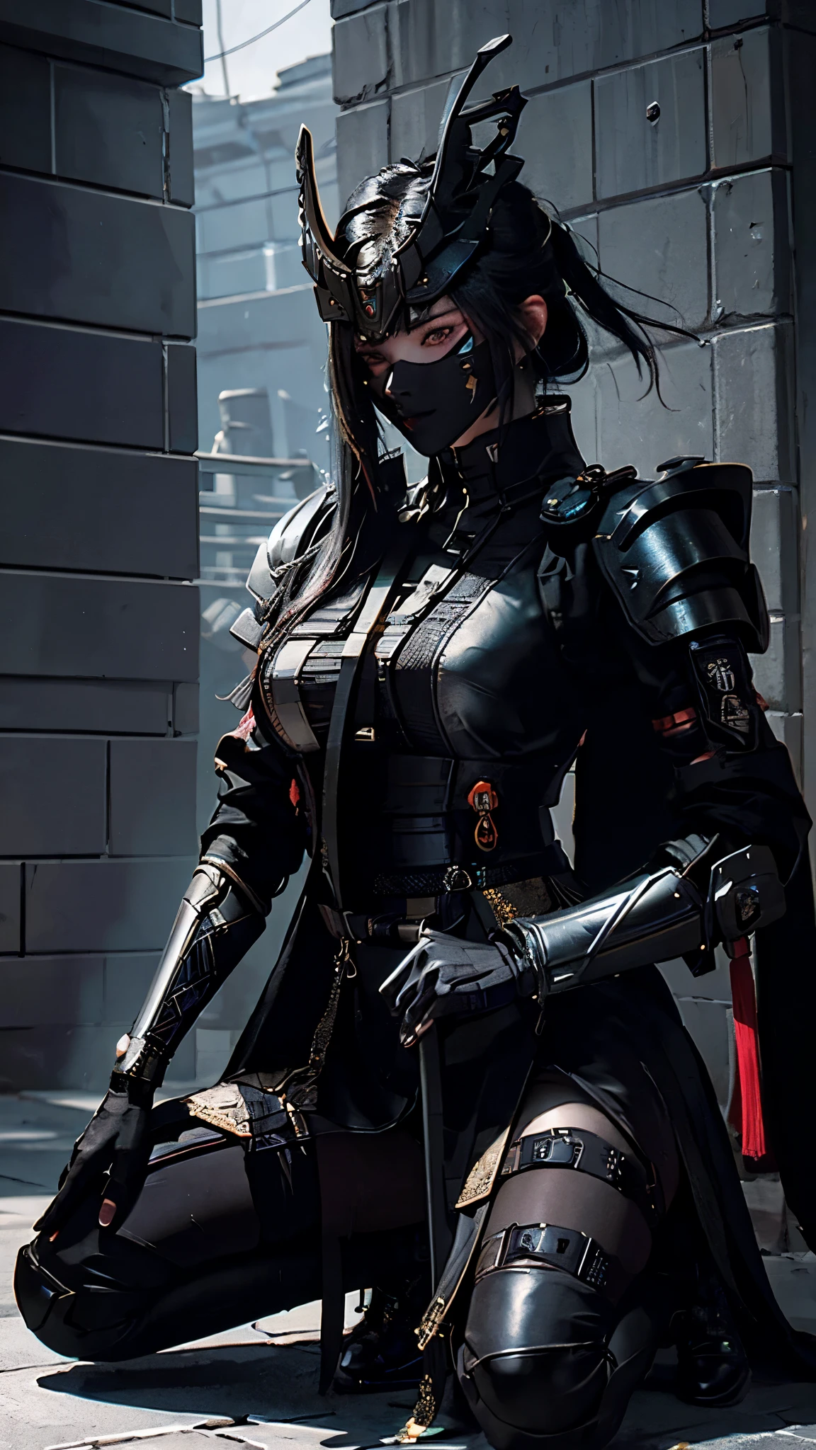 Surreal version of a woman kneeling down on one knee with sword in hand, Sitting on the wall,very beautiful cyberpunk samurai,Sitting on the wall,Futuritic background, Smoke color background, cyberpunk anime art, cyberpunk samurai, cyberpunk city anime art, cyberpunk anime, cgsociety 9, digital cyberpunk anime art, style of maciej kuciara .1girl, samurai armor, devil mask helmet, intricate, detailed ornaments, cold colors, metallic, Egyptian details, details very complex, realistic lighting, trending on social cgs, glowing eyes, facing camera, Brick wall,neon details, surreal details, full body portrait, Japanese atmosphere, lighting global, shadow, octane rendering, 8k, super sharp ta.((Best quality)), ((masterpiece)), (details:1.4), 3D, image of a female cyberpunk beautiful,HDR (High Dynamic Range),Beam Range,NVIDIA RTX,Ultra High Resolution,Unreal 5,Subsurface Scattering,PBR Textures,Post-processing,Anisotropic Filtering,Depth of Field, Maximum clarity and sharpness, Multi-layer textures, Albedo and Reflection maps, Surface shadows, Accurate simulation of light-material interaction, Perfect scaling, Octane rendering, Two-tone lighting Color, Wide Aperture, Low ISO, White Balance, Rule of Thirds, 8K RAW,