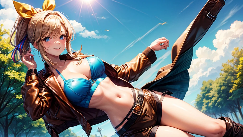 1girl, solo, full body, summer, village, trees, sun, clouds, ((colorful hair)), ponytail, huge breasts, ((brown leather jacket)), brown leather shorts, ((blue bra)), blue eyes, skirt, smile, looking at the viewer, standing, hair ribbon, golden necklate