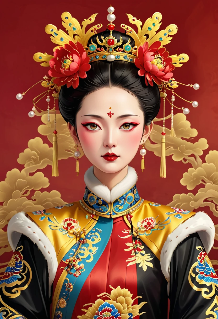 Solemn girl portrait,symmetry,Round Face,Bright Eyes,Smooth skin,Red peony headdress,Elegant and luxurious,Wealth,Gorgeous black and gold costumes,Chinese Qing Dynasty flag costumes,Selfish,Chinese Emperor,High bun,Gorgeous golden crown,tassel,palace,Clean background,(((Wu Zetian,Empress))),Fur collar cape,Pearl tassels,Pearl Makeup,Red background