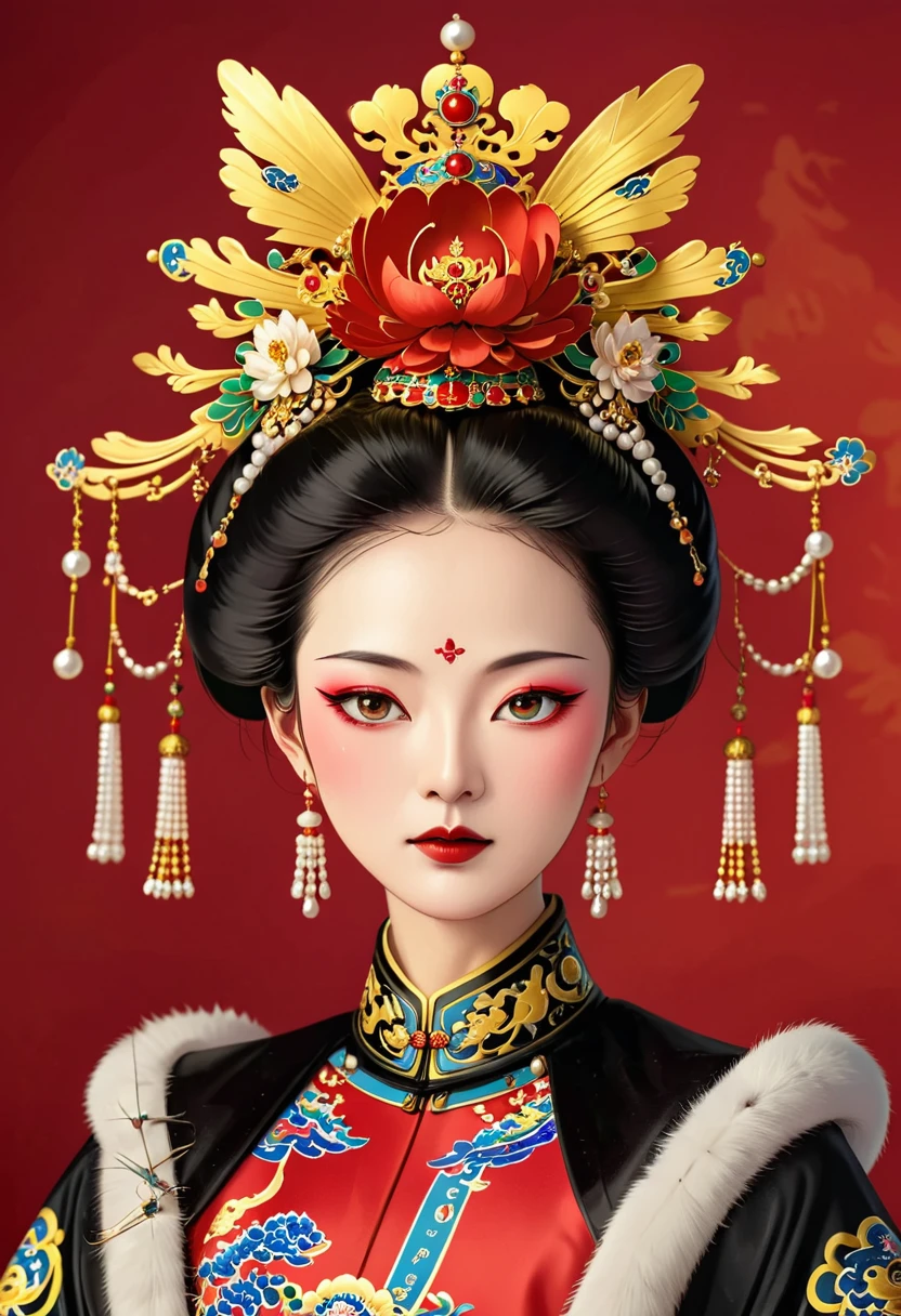 Solemn girl portrait，symmetry，Round Face，Bright Eyes，Smooth skin，Red peony headdress，Elegant and luxurious，Wealth，Gorgeous black and gold costumes，Chinese Qing Dynasty flag costumes,Selfish,Chinese Emperor，High bun，Gorgeous golden crown，tassel，palace，Clean background，(((Wu Zetian，Empress)))，Fur collar cape，Pearl tassels，Pearl Makeup，Red background