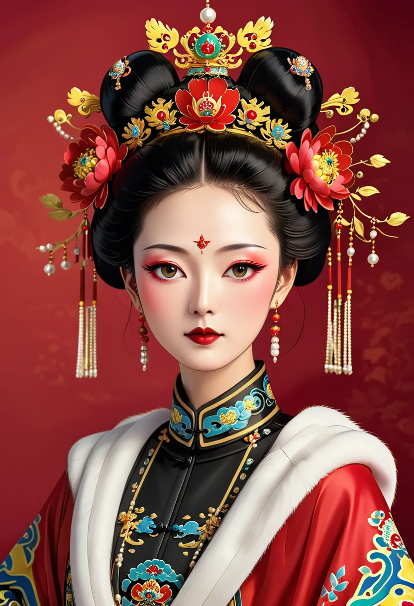 Solemn girl portrait,symmetry,Round Face,Bright Eyes,Smooth skin,Red peony headdress,Elegant and luxurious,Wealth,Gorgeous black and gold costumes,Chinese Qing Dynasty flag costumes,Selfish,Chinese Emperor,High bun,Gorgeous golden crown,tassel,palace,Clean background,(((Wu Zetian,Empress))),Fur collar cape,Pearl tassels,Pearl Makeup,Red background