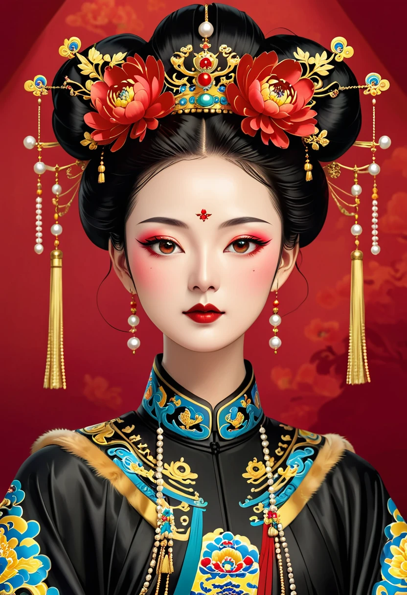 Solemn girl portrait，symmetry，Round Face，Bright Eyes，Smooth skin，Red peony headdress，Elegant and luxurious，Wealth，Gorgeous black and gold costumes，Chinese Qing Dynasty flag costumes,Selfish,Chinese Emperor，High bun，Gorgeous golden crown，tassel，palace，Clean background，(((Wu Zetian，Empress)))，Fur collar cape，Pearl tassels，Pearl Makeup，Red background
