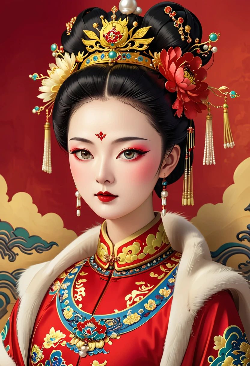 Solemn girl portrait，symmetry，Round Face，Bright Eyes，Smooth skin，Red peony headdress，Elegant and luxurious，Wealth，Gorgeous black and gold costumes，Chinese Qing Dynasty flag costumes,Selfish,Chinese Emperor，High bun，Gorgeous golden crown，tassel，palace，Clean background，(((Wu Zetian，Empress)))，Fur collar cape，Pearl tassels，Pearl Makeup，Red background