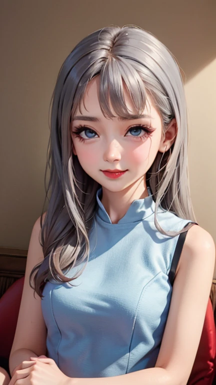 blush a little and smile, (Top quality masterpiece:1.2) Delicate illustrations, Very detailed, /Beautiful Japanese Women、1 person,Very cute and slim、Great style 、((8K images、super high quality))、Very delicate face, Skin and Hair、beautifule forehead、Red lipstick、(((((Mid-length hair、Silver Hair))))),Very cute Japanese cut face、Eyes and nose are clearly visible、Kind eyes,((((Sleeveless fashion))))