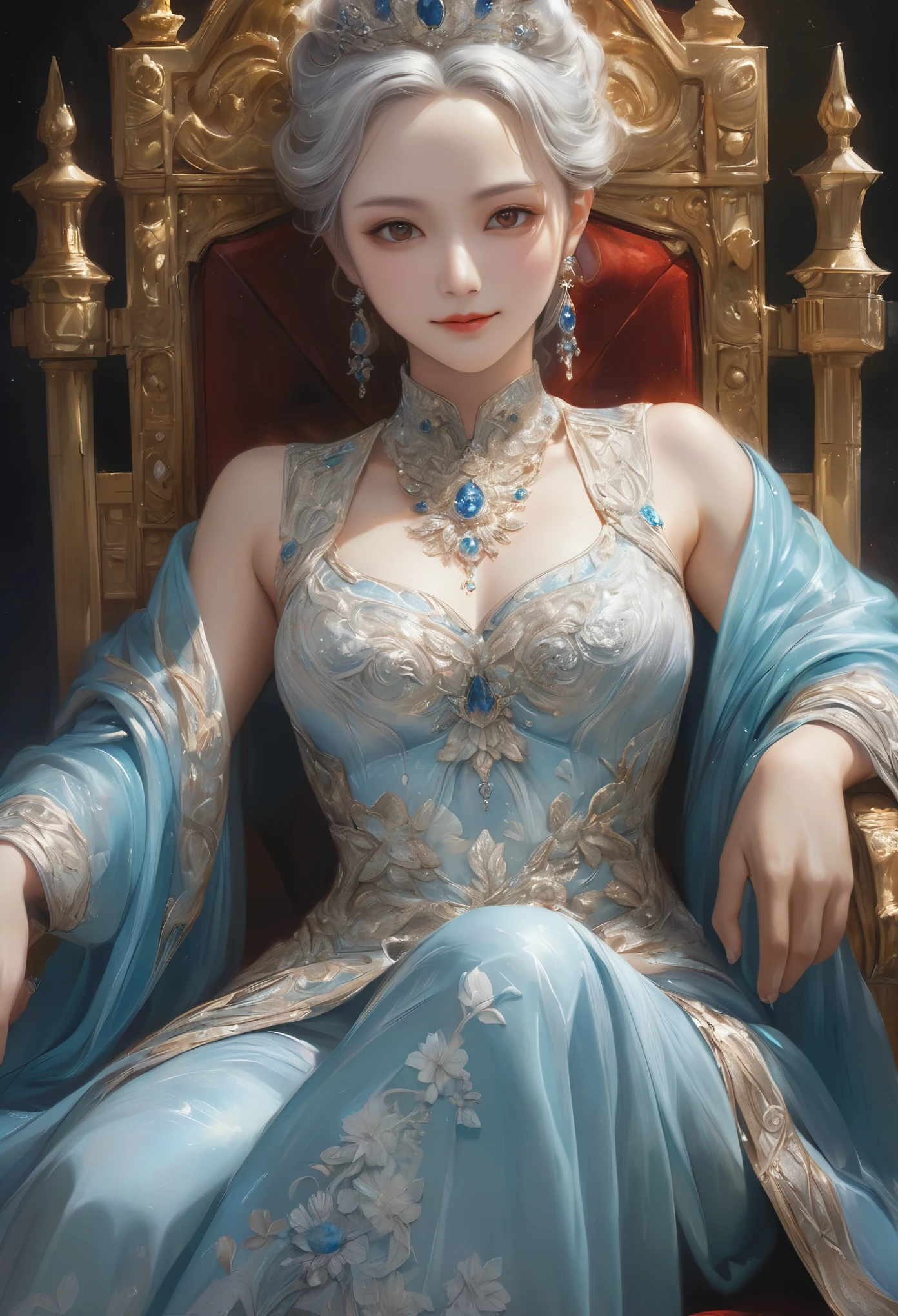 History painting, Detailed and accurate texture, Professional spray work, Detailed and intricate texture, Delicate and bold brushwork, Anatomically correct,
BREAK Audience with the Queen, Mature adults in their 60s, A female emperor, One attractive old woman,
BREAK Sitting on the throne、Smiling at the audience, Unconditional Love, Audience Chamber,
BREAK Simple and luxurious royal clothing, Transparent gemstones and precious metals decoration, Long dresses that spread across the floor, Vibrant colors,
BREAK All are first-class jewels, Transparent full color coating,
BREAK A handsome appearance that captivates viewers, A calm sexiness that oozes from a mature inner self, Realistic Babe,
BREAK Strong-willed, Overwhelming presence, The intimidation of silence, The confidence that has helped me overcome many hardships, Alluring,
BREAK Deep compassion, Absolute trust, Non-dominant, love, Absolute inclusiveness, God bless you,
BREAK Clear, strong, warm eyes, From the high throne、A respectful gaze without condescension,
BREAK A powerful and bold composition, Detailed and accurate depiction of the human body,
BREAK Dramatic Cinematic Lighting, holographic,
BREAK Artworks in Museum Storage,
BREAK Detailed and realistic skin texture, Detailed and clear depiction, Absurd aesthetics,
BREAK Dynamic shot, (shot from above:1.1), Top quality photo printing, highest quality render, Super Retina,