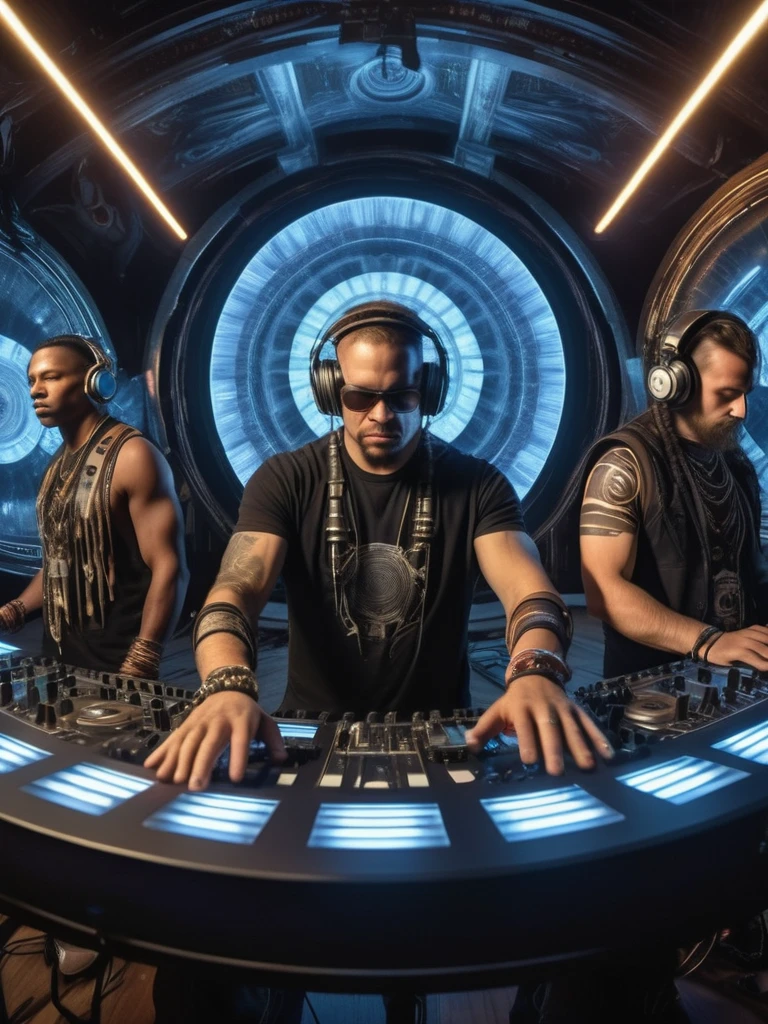 A fisheye lens shot of four post-apocalyptic tribal male cyborg DJs tuning and playing synthesizers at the show, perspective for the public, musical spiral fractal more complicated and technical, mighty, cinematic, lindamente iluminado, by Donato Giancola, por artgerm, by Karol back, 3d, perfect face and body, trends on artstation, octane rendering, 8k ultra