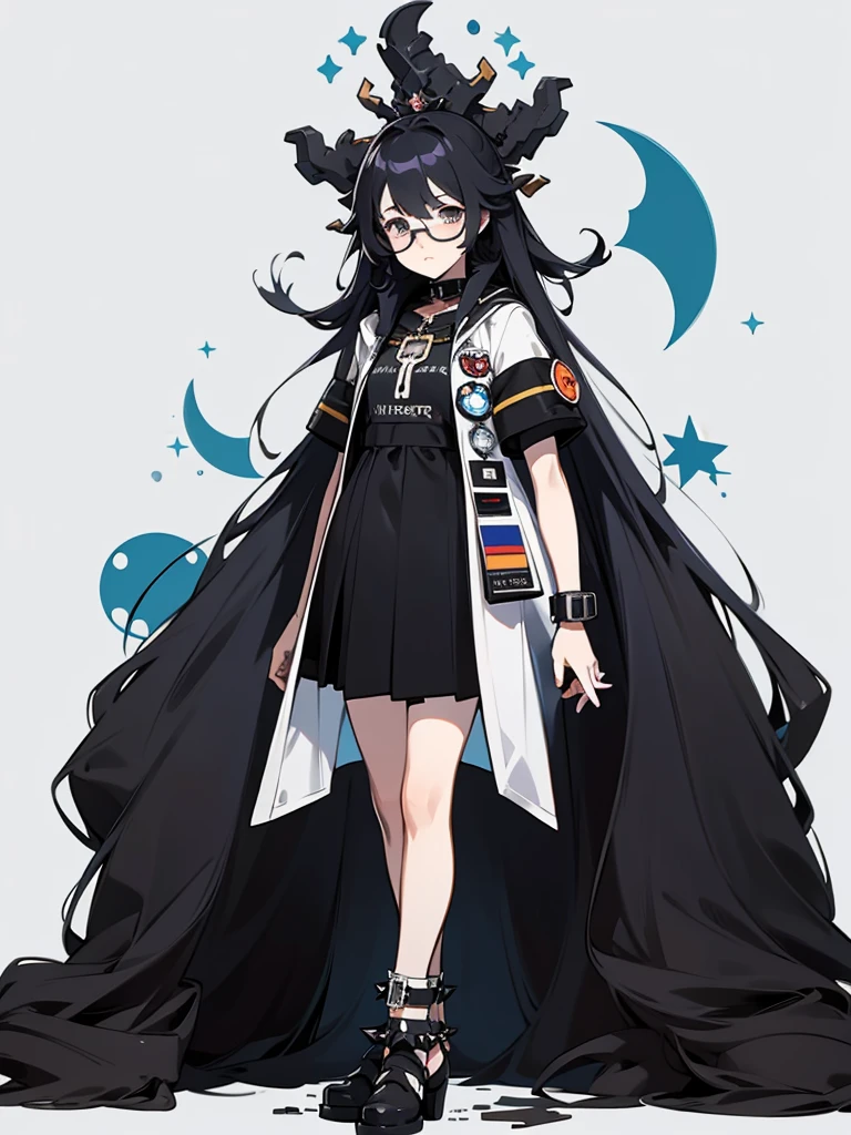 live2d, game cg, 2d, anime, 1girl, female, Feminine, full body, standing. straight-on, looking at viewer, white background, vtuber, vtuber-fullbody ,dark celestialskin body, void cosmic body, colored skin, flat color, jet black skin, silhouette,void limbs, black limbs, void arms, black arms, she has medium messy and fluffy hairstyle with round glasses on her face with a geeky design and white and black spiked collar on around her neck, she has a jacket with a black and white multicolored with a fluffy design on, she has additional accessories of broken chained ankle bracelets with a special star insignia on her body, standing up straight, desolate cityscape background, gray rain.