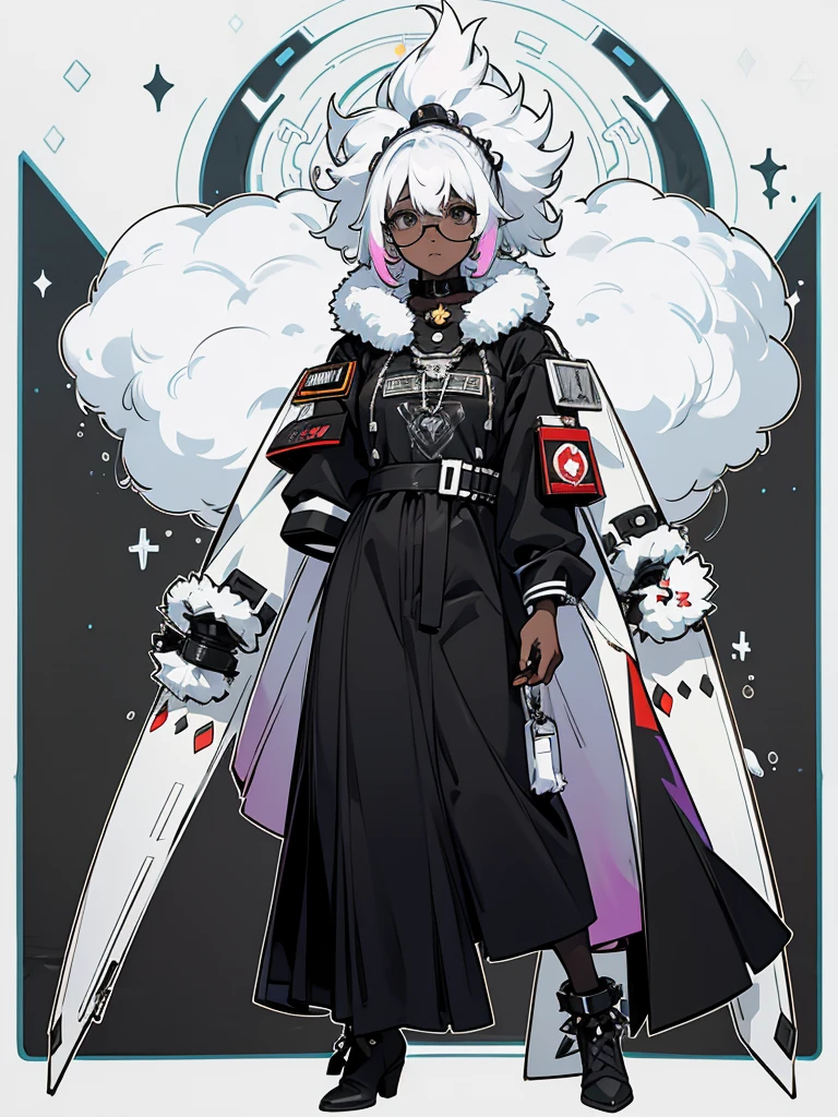 live2d, game cg, 2d, anime, 1girl, female, Feminine, full body, standing. straight-on, looking at viewer, white background, vtuber, vtuber-fullbody ,dark celestialskin body, void cosmic body, colored skin, flat color, jet black skin, silhouette,void limbs, black limbs, void arms, black arms, she has medium messy and fluffy hairstyle with round glasses on her face with a geeky design and white and black spiked collar on around her neck, she has a jacket with a black and white multicolored with a fluffy design on, she has additional accessories of broken chained ankle bracelets with a special star insignia on her body, standing up straight, desolate cityscape background, gray rain.
