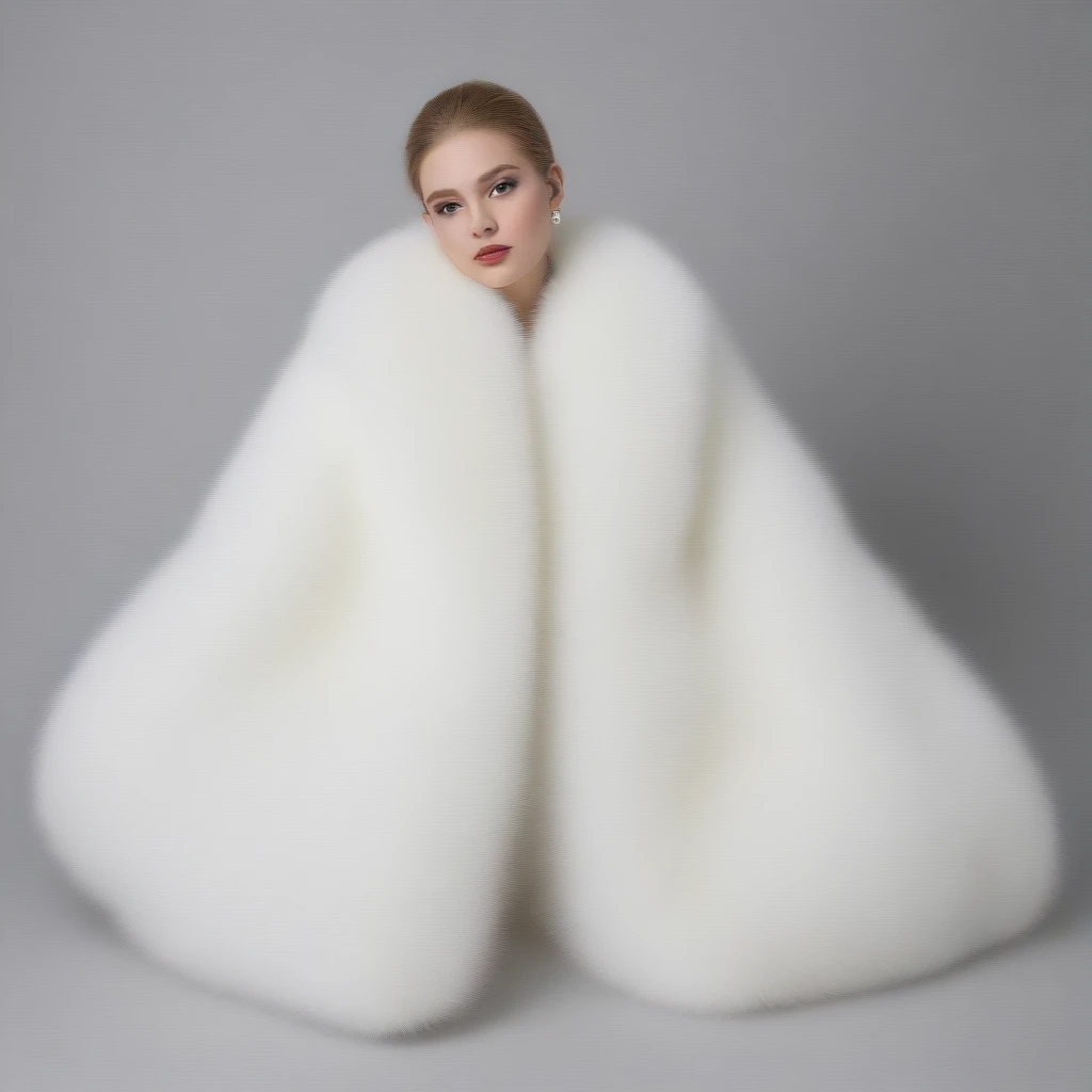 A very wide and very thick, very long white fox fur coat, fifty centimeters d&#39;thickness, fluffy, naturel, with an ultra thick white and sand mink fur collar, Trois couches, sur MILF 45 ans, bare shoulders, and two big breasts revealed by the fur, under the sun , yacht deluxe, port of Monaco , en haute résolution de la plus high quality、,Photo 8K HDR), realistic texture, realistic shadows,