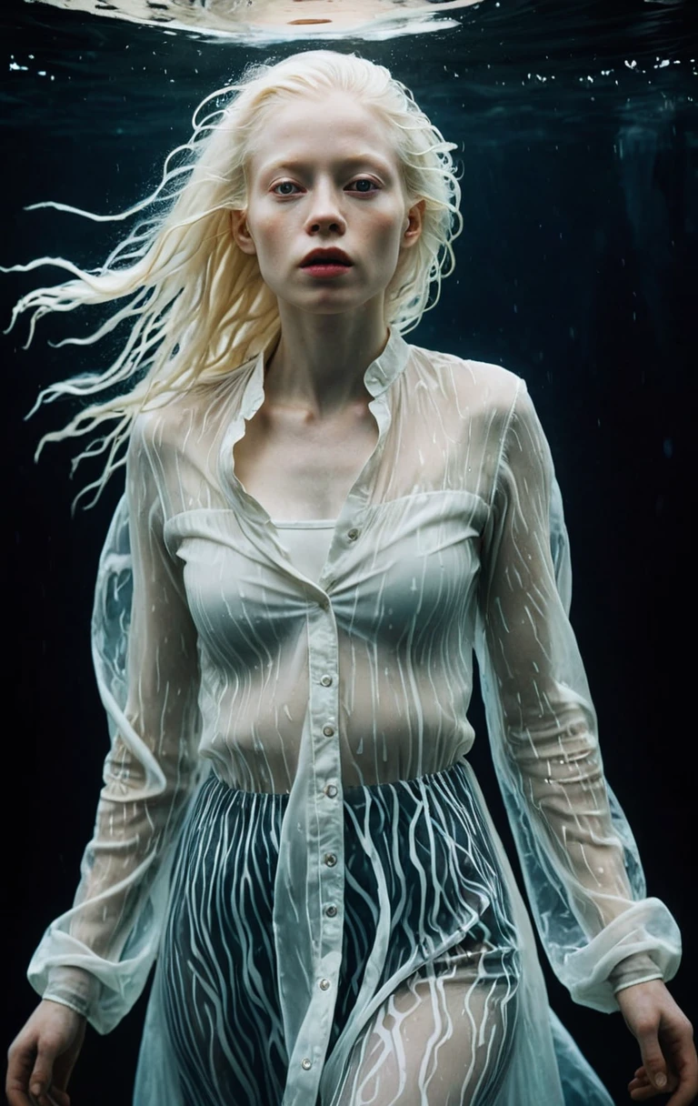 + a dramlikeart photo a woman albino and face is standing in the ((under water)) with her hair in the wind, Transparent clothing diffused lighting, centred composition 85 mm f 1. 8 lens with hasselblad photo by Annie Leibovitz and Steve McCurry in the style film Nizouveau watercolor inktobernetic illustration sharp focus face symmetry volumetric lights highly detailed Cinema, (((big depth of field)), (((mody lighting)), (((((very big high expression)))), (((((((cinematic)))))