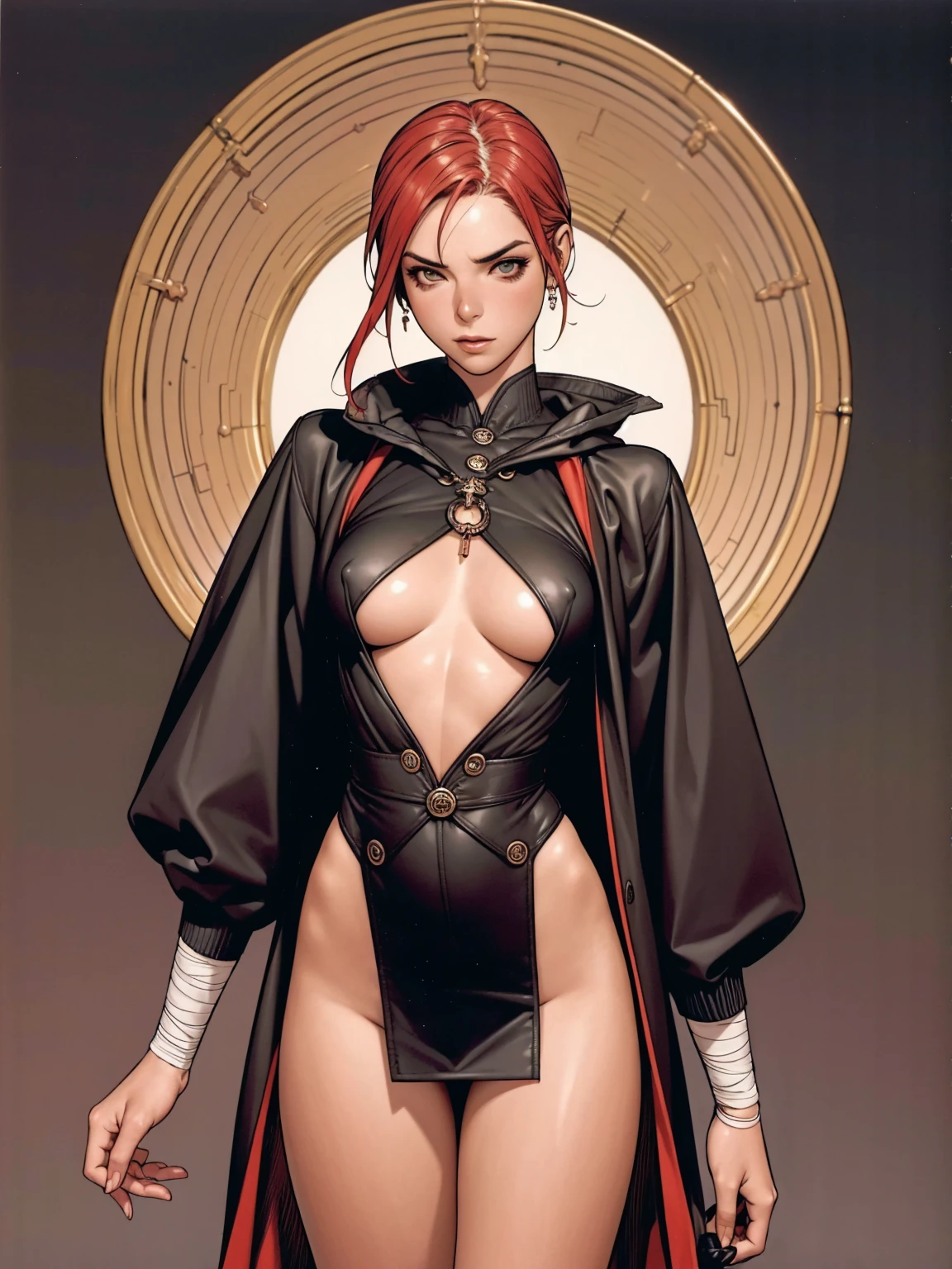 (((Annie Lennox))), (((Dark red))), (scars), (((Bandaged body))), ((hooded cloak)), (((best qualityer: 1.4))), (Unbeatable masterpiece), (hiper HD),(CG 8k hyper-realistic), (((brave face))), (((breasts big))), (((hyper feminine))), sexly girl, black tattoo,(ultra short colored hair)), ((( sculptural body ))), (((1 Kizi))), Kizi tatuada de 25 anos com perfectbody,,Beautiful and well-groomed face,muscular body:1.2,solid color detailed jacket, (Head to thigh photos), Complex equipment, green dark,long pants,Tight clothes are dark,With white stars and off-white stripes,,,,,Armor Metal Electronic Parts, Poison tattoos ) INFO, Kizi, (((standing alone))), pirralha violent, ((())), sexly, pose de atitude, work of art, post-apocalypse, (((manga style))), bounty hunter, violent, Manic, the way you want, slenderbody, thin but strong, perfectbody, roupa moderna, advanced technology, Pleated mini skirt with checkered pattern in red and black, fur collar jacket, sleeves with vertical striped pattern, neutral background, (( cowboy shot )). intricate visual