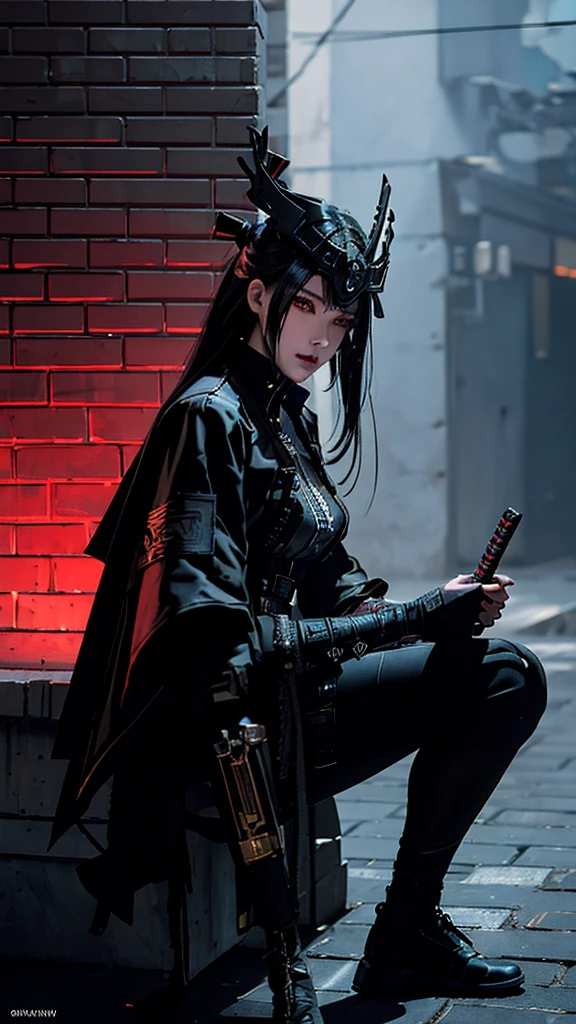 Surreal version of a woman sitting on the wall with sword in hand, Sitting on the wall, very beautiful cyberpunk samurai, Sitting on the wall, Futuristic background, Smoky background, cyberpunk anime art, cyberpunk samurai, art cyberpunk city anime art, cyberpunk anime, cgsociety 9, digital cyberpunk anime art, maciej kuciara .1girl's style, samurai armor, demon mask helmet, intricate decorations, details, colors cold, metallic, Egyptian details, very intricate details, realistic lighting, trending on social cgs, glowing eyes, facing camera, Brick wall,neon details, surreal details, legs full body, Japanese atmosphere, global lighting, shadows, octane rendering, 8k, super sharp lolita.((Best quality)), ((masterpiece)), (details) :1.4), 3D, image of a beautiful cyberpunk woman, HDR (High Dynamic Range), Beam Range, NVIDIA RTX, Ultra High Resolution, Unreal 5, Subsurface Scattering, PBR Textures, Processing Post-processing, Anisotropic filtering, Depth of field, Maximum clarity and sharpness, Multi-layer textures, Reflection and reflection maps, Surface shadows, Accurate simulation of material-light interactions , Perfect Ratio, Octane Rendering, Dual-Tone Light Color, Wide Aperture, Low ISO, White Balance, Rule of Thirds, 8K RAW,