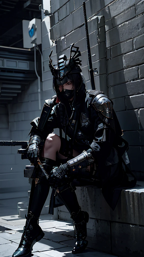 Surreal version of a woman sitting on the wall with sword in hand, Sitting on the wall, very beautiful cyberpunk samurai, Sitting on the wall, Futuristic background, Smoky background, cyberpunk anime art, cyberpunk samurai, art cyberpunk city anime art, cyberpunk anime, cgsociety 9, digital cyberpunk anime art, maciej kuciara .1girl's style, samurai armor, demon mask helmet, intricate decorations, details, colors cold, metallic, Egyptian details, very intricate details, realistic lighting, trending on social cgs, glowing eyes, facing camera, Brick wall,neon details, surreal details, legs full body, Japanese atmosphere, global lighting, shadows, octane rendering, 8k, super sharp ta.((Best quality)), ((masterpiece)), (details) :1.4), 3D, image of a beautiful cyberpunk woman, HDR (High Dynamic Range), Beam Range, NVIDIA RTX, Ultra High Resolution, Unreal 5, Subsurface Scattering, PBR Textures, Processing Post-processing, Anisotropic filtering, Depth of field, Maximum clarity and sharpness, Multi-layer textures, Reflection and reflection maps, Surface shadows, Accurate simulation of material-light interactions , Perfect Ratio, Octane Rendering, Dual-Tone Light Color, Wide Aperture, Low ISO, White Balance, Rule of Thirds, 8K RAW,