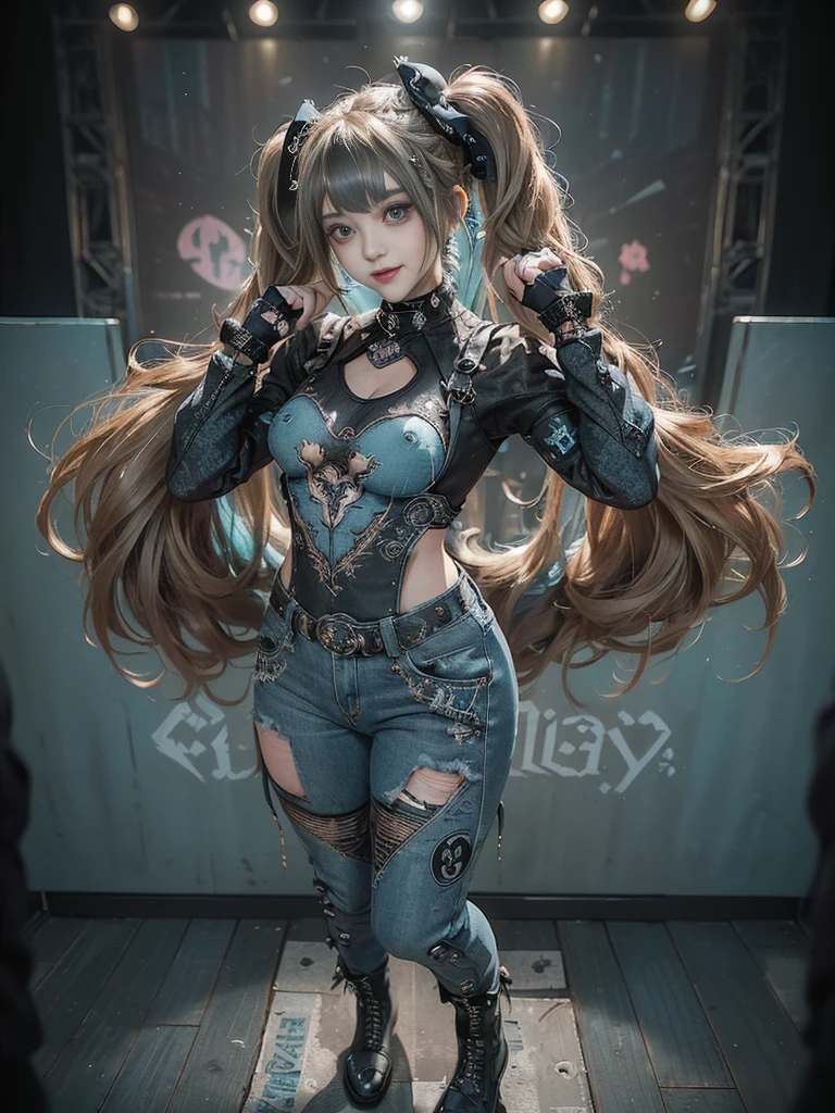 (Full Body View:1.4)、(Full body:1.3)、(Smiling with teeth showing:1.3),(Shibuya Gal:1.5)、(Gothic ta style fashion:1.5)、(Punk RockVisual Kei:1.5)、(Wearing a rhythmic gymnastics bodysuit with intricate details:1.4)、(Racing suit and pants with intricate turquoise, denim and charcoal decorations:1.5)、(Denim and light blue and turquoise boots:1.3)、((belt))、(Numerous delicate logo marks all over the costume:1.4)、(collar:1.3)、(Polka dot underwear:1.5)、20-year-old、NSFW、((Highest quality、In 8K、masterpiece:1.3))、Sharp focus:1.2、(Layered Cut、Huge boobs:1.1),Beautiful woman with perfect figure:1.4、(do a gravure pose:1.3)、Slender Abs:1.2、Highly detailed face and skin texture、Detailed eyes、double eyelid,(Twin tails:1.3)、(Brown-golden hair:1.3)、Gravure idol、(The background is the stage of the fashion show:1.3)、(Slim body:1.3),(Make your legs thinner:1.4),(clavicle:1.1)