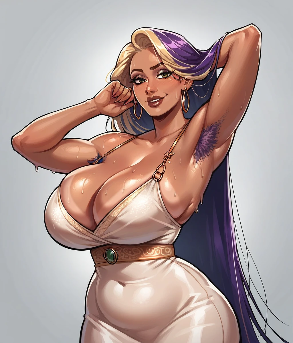 uploaded e621, score_9, score_8_up, score_7_up, score_6_up, score_5_up, score_4_up, rating_safe, smooth, source_furry, {realistic}, mature milf, Mirellia_Q_Melromarc, seductive look, DARK SKIN, tan skin, countershading, huge breasts, thick armpit hair{{{ dark very very very long thick Rapunzel purple hair, blonde balayage highlights, wet armpit hair}}},dress, cleavage, tall, brown lips, hazel eyes, wide hips, extra thicc Mirellia_Q_Melromarc