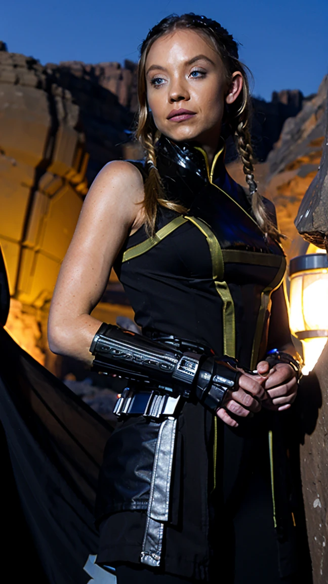 (masterpiece), (solo character), (best quality), (photorealistic 1.4), (EpicRealLife), (night time), (satele shan bodysuit), (satele shan), (SateleShan armor), (twin braided hair), sleeveless, bare shoulders, (sateleshan costume), (Sydney Sweeney), (blue eyes), (large breasts), (star wars scene), (in a canyon) (flashphoto), (night time), (at night), (cowboy shots),