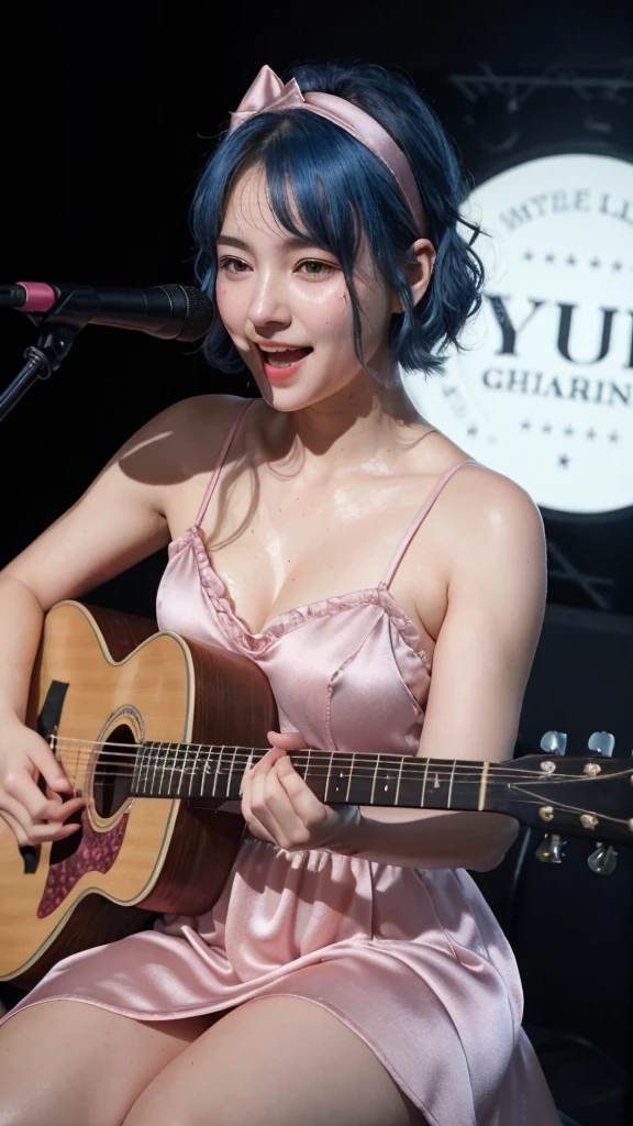 ((best quality)), photorealistic, photorealism, Photorealistic, high resolution, ((Wearing pink satin dress, headband))、smile、A superb beauty、Super cute、adorable、ennui、Rare beauty、Very Short hair、Black Dark Eyeshadow、Sad、white skin、pale skin, Very short hair layered、Dark Gothic Makeup、Cute Smile、Fragrant beauty、Garden background、Mastepiece、Best Quality、Refers to 5 books、Sweat glistening on my chest、Sweat glistening on my face、Large breasts、Blue hair、Age 20 years old、Mysterious look、A sad expression、Blue Hair、Glamorous concert stage、enchanting castle、Sweating profusely all over the body、A lot of sweat and light on the thighs、Shiny thighs、Plenty of sweat glistening on the thighs、A large amount of sweat glistens on my thighs、Sweating profusely、Gal、Large breasts、Beautiful face、Alluring expression、Sitting、Sitting playing guitar、Thick thighs、Playing guitar、I have a guitar、Sing a song enthusiastically、Playing guitar in a band、Rock band、Playing guitar chords、Live House Background、Sing a song、Open your mouth、Live house scenery、Mic stand、Glamorous live stage、Dynamic Angle、Cinematic lighting