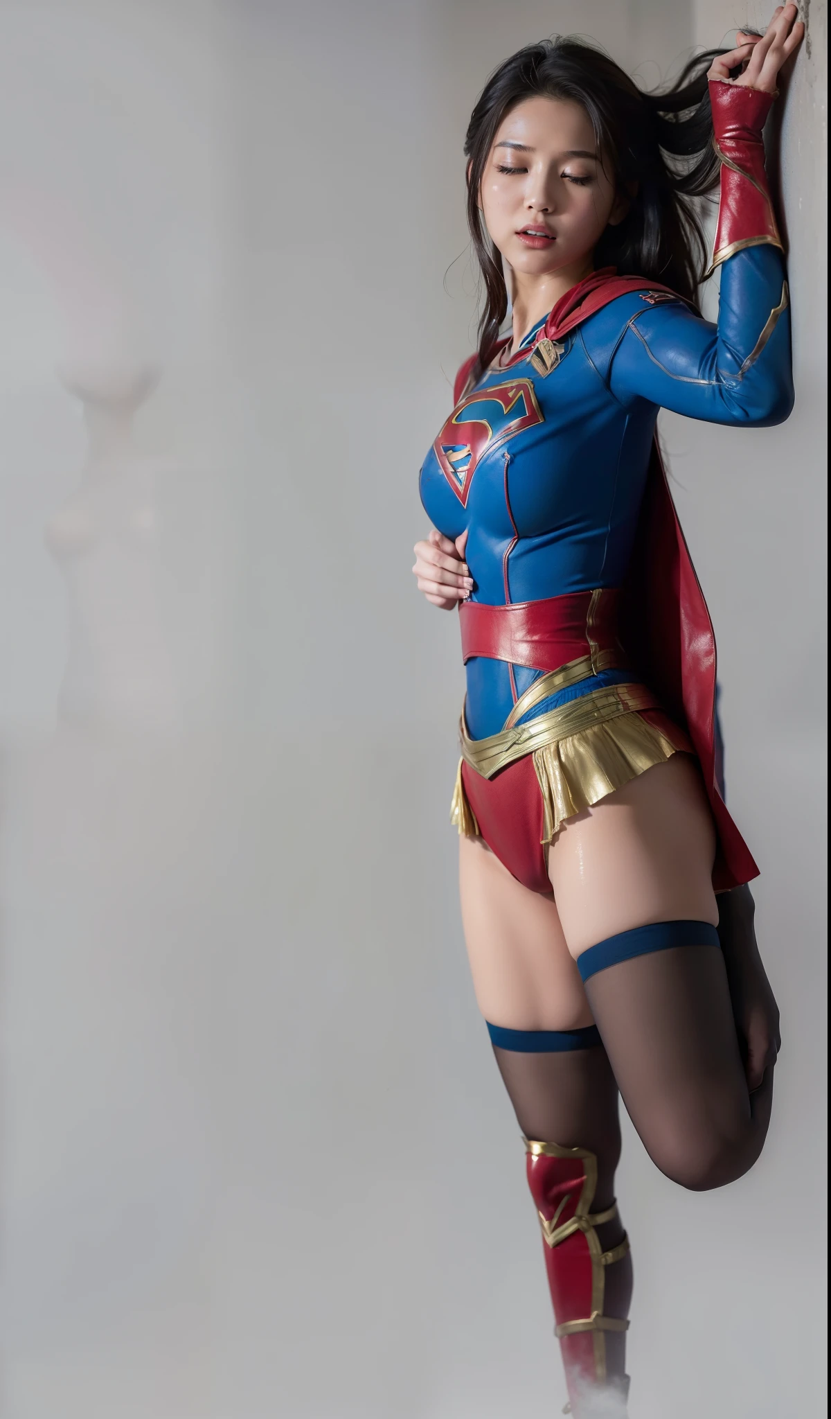 (((Highest quality、8K、masterpiece:1.3))、Supergirl、胸にSupergirlのロゴ、Eyes closed、Sharp focus:1.2、Beautiful woman with perfect figure:1.4、Thin abdominal muscles:1.2、((Layered Cut、Huge boobs:1.2))、Wet body:1.5、非常に詳細な顔と肌の質感Supergirl、Bloodstained、Clothes are shredded、Torn、Highest quality, Familiar, High resolution), 1 Girl, Supergirl、Super Heroine、Bishoujo Warrior、defeat、Lying down'return、falling、knock out、フィットしたSupergirlのコスチューム、Enlarge your breasts、Muscular、alone, From above,sleepy, Sleepワイン, Doll joints、Sleep、it hurts、it hurts look、syncope、cadaver、Beautiful crotch、High detail、8K