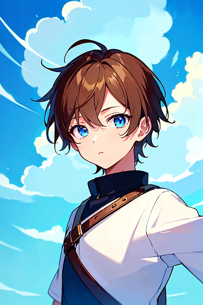 [(NEON BUBBLE BACKGROUND:1.5),::5], (((masterpiece))), high quality, very_high_resolution, large_filesize, full color, Solo, (1 little boy), 13 old year, (men's short brown hair), vivid color, Blue eye, summer clothes, upper body, anime style