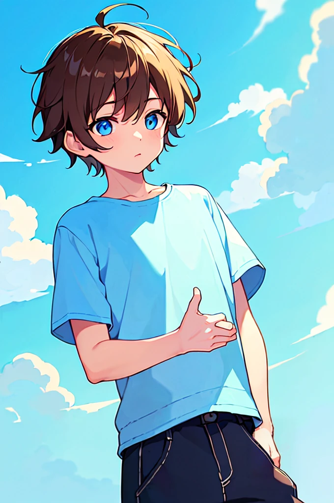 [(NEON BUBBLE BACKGROUND:1.5),::5], (((masterpiece))), high quality, very_high_resolution, large_filesize, full color, Solo, (1 little boy), 13 old year, (men's short brown hair), vivid color, Blue eye, summer clothes, upper body, anime style