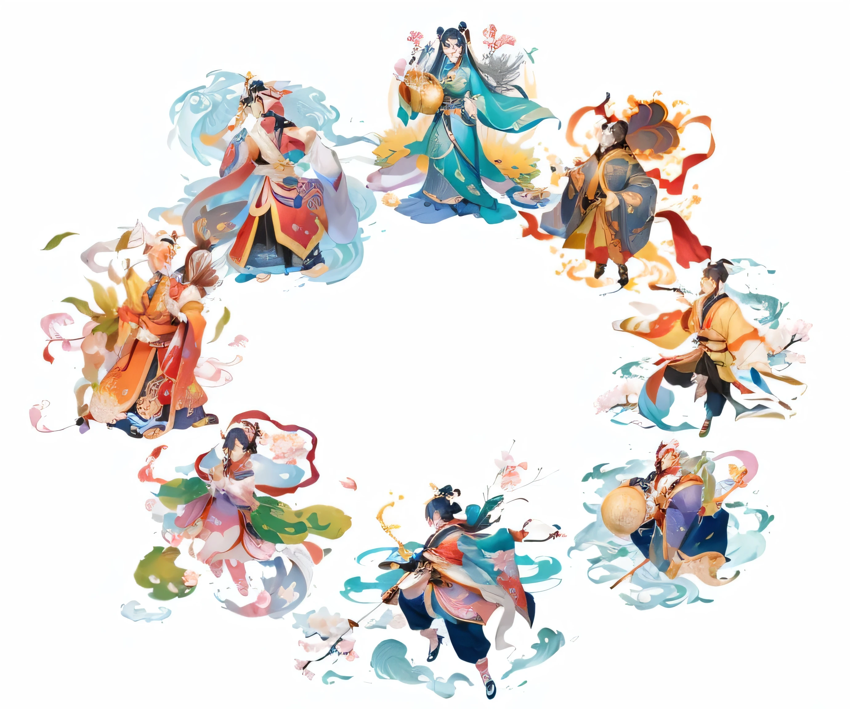 arafed image of a circle of asian characters with a white background, onmyoji detailed art, chinese mythology, chinese watercolor style, sengoku - era art style, onmyoji, chinese fantasy, wearing ancient chinese clothes, ancient china art style, a beautiful artwork illustration, chinese painting style, full body wuxia, anime fantasy illustration, chinese style painting