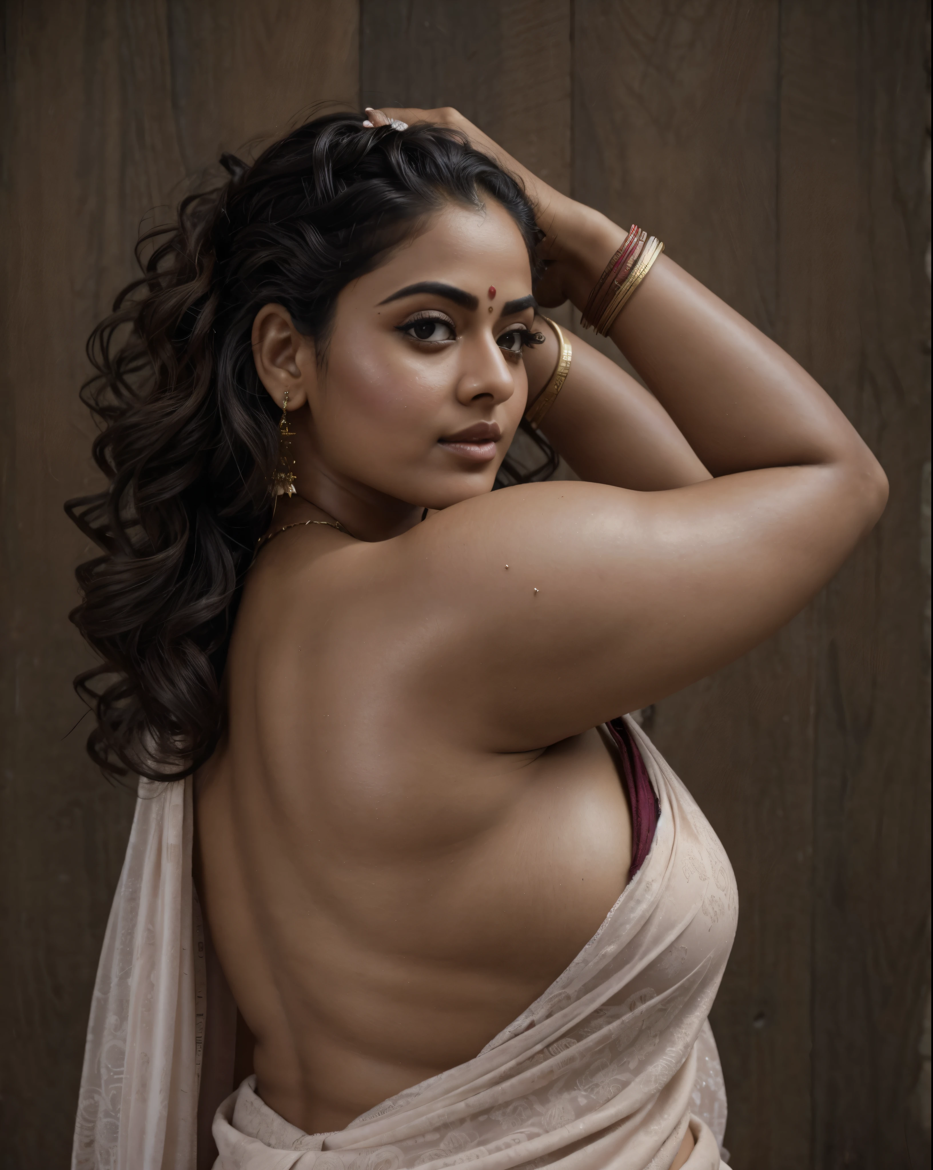Looks like Sandeepa Dhar, beautiful gorgeous round face, Extremely gorgeous, round face, shoot for a famous cosmetics brand, shoot for top health magazine cover Page, bold photoshoot, bold looks, body positivity, stunning beauty, ravishing, spicy hot, sizzling hot, sensual shoot, artistic sensual photograpy, thick figure, curvy, Thick navel, sexy tempting lady, sexy navel folds, fleshy figure, woman with a flower in her hair and a flower in her hair, closeup portrait shot, movie stills photography, traditional beauty, body sweat, glistening skin, feminine curve, curvy body, skin texture, skin pores, traditional clothes , traditional female hairstyles, pretty face!!, shot on sony alpha dslr-a300, indian woman with brown skin, indian goddess, traditional makeup, movie stills, actress, close - up portrait shot, detailed portrait shot, ultra HD, 32k, hyper realistic, hyper realistic skin, High level professional photography, insane details, high quality skin, beautymarks, real photograph, add every possible elements to make the photo looks as real photograph, tattoo, tattoo like tattooed tribal woman, chocolate brown skin, juicy thick figure, beautiful curvy figure, fleshy figure,