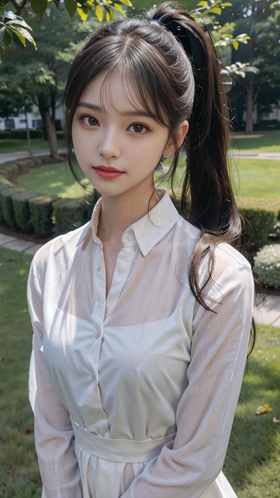 collared dress,European park,On the lawn,Close up face,One woman,masutepiece, The highest image quality, High quality, the background is clear,Beautiful woman, Japanese,Ultra-detailed, finely detail, hight resolution, 8K Wallpaper, Perfect dynamic composition, Beautiful detailed eyes , Detailed, Detailed eyes, Detailed skin, Beautiful skin, 超hight resolution, (reality: 1.4),Very beautiful woman, Slightly younger face, Beautiful skin, slender, (Ultra photo realsisim), (hight resolution), (8K), (Very detailed) (beautifully detailed eyes), (super detailed), (Detailed face), view the viewer, Fine details, Detailed face, Staring straight ahead, Staring straight ahead, photos realistic, Bright lighting, Professional Lighting, Black hair,poneyTail,a baby face,sixteen years old,Hairstyle: ponytail,Long ponytail hairstyle,slight smile,neat and tidy clothing,Beautiful Japanese KPOP idol photo, hair style is ponytail, my eyes are double and wide, baby face, smile and look straight ahead, slender, small breasts,Close up face,