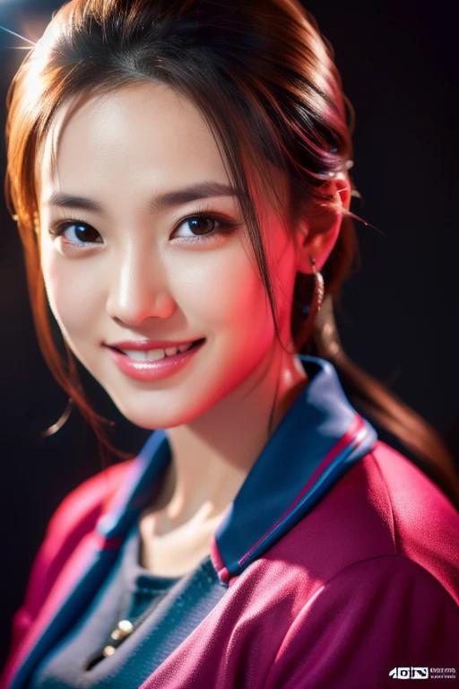 a gorgeous middle-aged busty woman, ponytail, blazer, beautiful smile showing teeth, pov, lover, cinematic lighting, (best quality,4k,8k,highres,masterpiece:1.2),ultra-detailed,(realistic,photorealistic,photo-realistic:1.37),HDR,UHD,studio lighting,ultra-fine painting,sharp focus,physically-based rendering,extreme detail description,professional,vivid colors,bokeh,portrait,photorealistic,cinematic,dramatic lighting