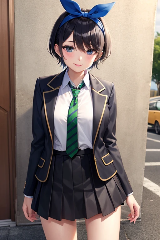 masterpiece, best quality, highres, 1girl, solo, skirt, jacket, shirt, blue eyes, white shirt, necktie, green necktie, black hair, pleated skirt, socks, diagonal-striped necktie, open jacket, open clothes, striped necktie, collared shirt, black jacket, black skirt, striped, blazer, short hair, long sleeves, bangs, , black socks, diagonal stripes, hairband, hair ribbon, ribbon, blue hairband, dress shirt, bow,  cowboy shot, smile,