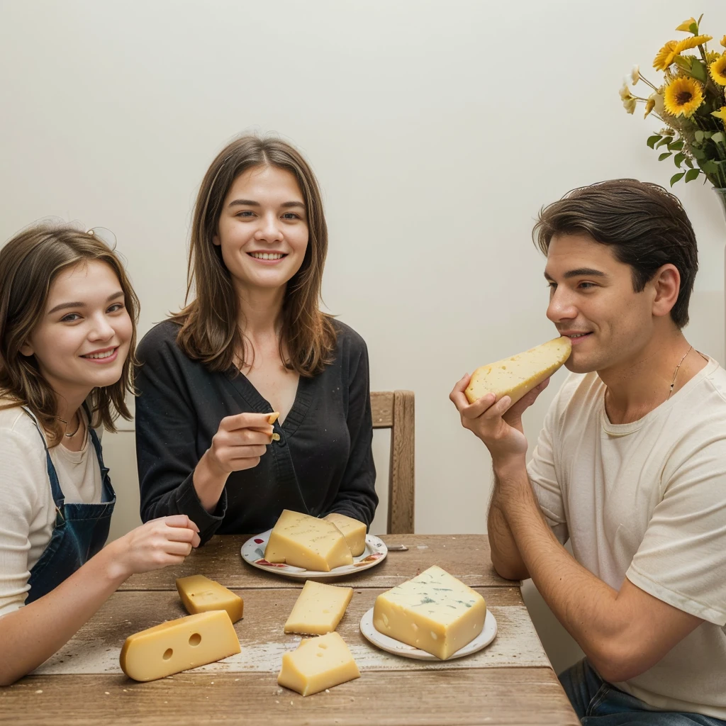 family of ((adult man and woman who are (over 45 years old)) and ((children boy and girl (12 years old each)) sitting at the table with food, Eating cheese, Warm and joyful atmosphere, shutterstock, stock image, stock image, stock image, promotional image, useful image, promotional photo, good morning, Family dinner, photo stop, delicious, cheese on the table, stock, artistic interpretation, slice of life, on trend, youtube thumbnail, portrait shot, Noon