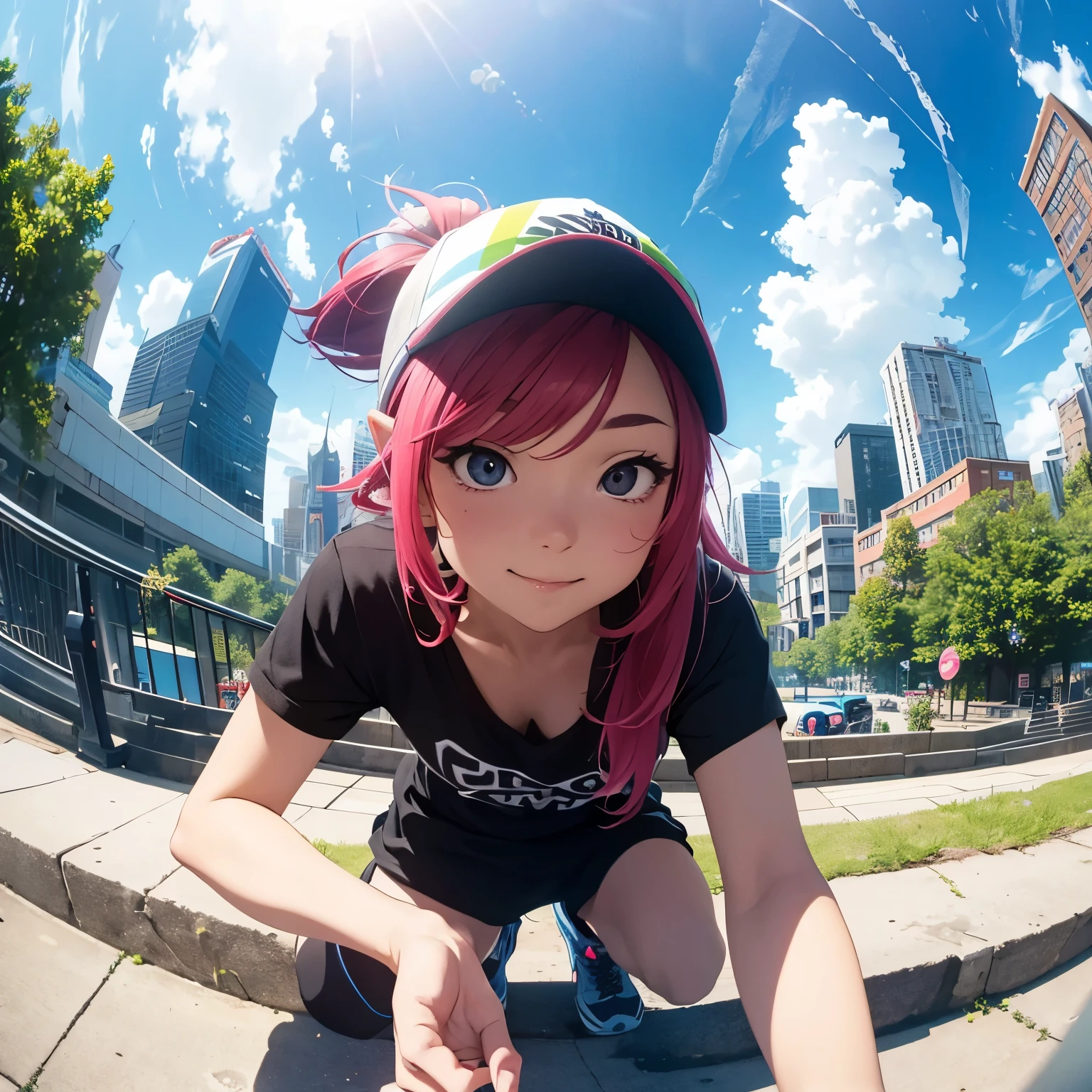 Parkour, Free running, Exhibitionism, One Splatoon girl, Selfie, Fisheye Lens, Look down, on top of the world&#39;s tallest building, , Sweat,  Golden Eyes、Golden tentacle hair、smile、Real Anime、3d、masterpiece、Highest quality、High resolution、