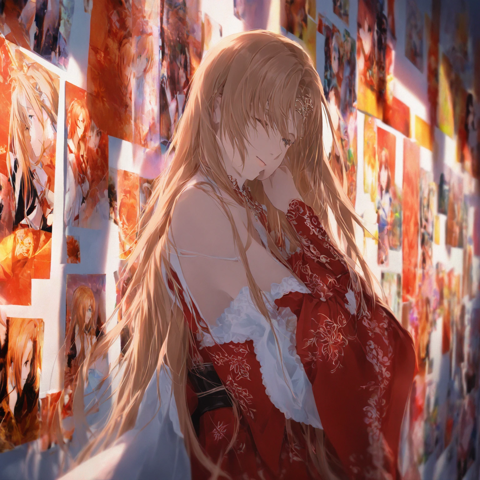 1girl, Asuna,Sword Art Online,The background is a wall covered with various posters and pictures,Create a retro and mysterious atmosphere。Soft light,Light coming in from the side,Creates a warm light and shadow effect,The female character turned her head slightly,With a faint smile on his face,Looking at the camera tenderly,She was wearing a white and red dress,unique design,Off-the-shoulder details。The red patterns and decorations on the clothes add to the overall sense of refinement,Her posture appears very natural and relaxed.,Head slightly tilted to one side,Long hair shawl,A gentle breeze blows,It adds to the dynamics of the picture,High image quality,Details are handled very delicately,Moderate color saturation,The overall visual effect is very,Sexy elements,The off-the-shoulder design of the dress and her gentle smile,Highlights her feminine charm。Long hair shawl的造型和自然的姿态,Further adding to the sexy vibe of the picture