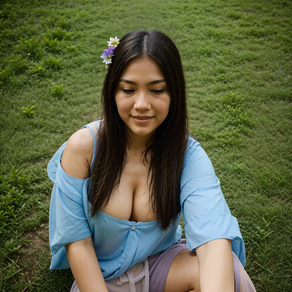 pretty Philippines woman, pink-blue long hair style,cry while smile, furrowed eyebrows, closing eyes, face facing upwards, transparent, clear full body. captured from above high angle. (lying in a pile of green grass and colorful little flowers), a man hands holding her chest ,and holding a big purple eggplant, text on grass name "CAYANG", beside on Lush Trees, natural backdrop heaven landscape 