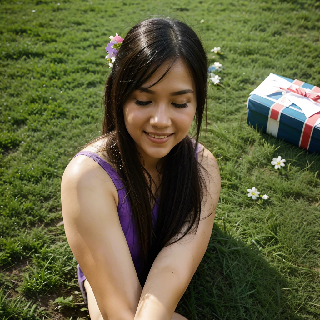 pretty Philippines woman, pink-blue long hair style,cry while smile, furrowed eyebrows, closing eyes, face facing upwards, transparent, clear full body. captured from above high angle. (lying in a pile of green grass and colorful little flowers), a man hands holding her chest ,and holding a big purple eggplant, text on grass name "CAYANG", beside on Lush Trees, natural backdrop heaven landscape 