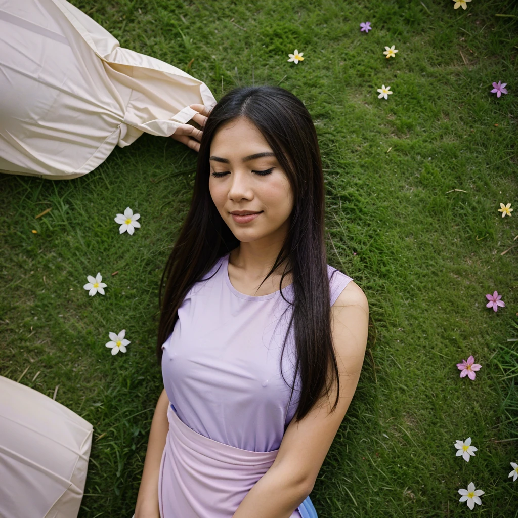 pretty Philippines woman, pink-blue long hair style,cry while smile, furrowed eyebrows, closing eyes, face facing upwards, transparent, clear full body. captured from above high angle. (lying in a pile of green grass and colorful little flowers), a man hands holding her chest ,and holding a big purple eggplant, text on grass name "CAYANG", beside on Lush Trees, natural backdrop heaven landscape