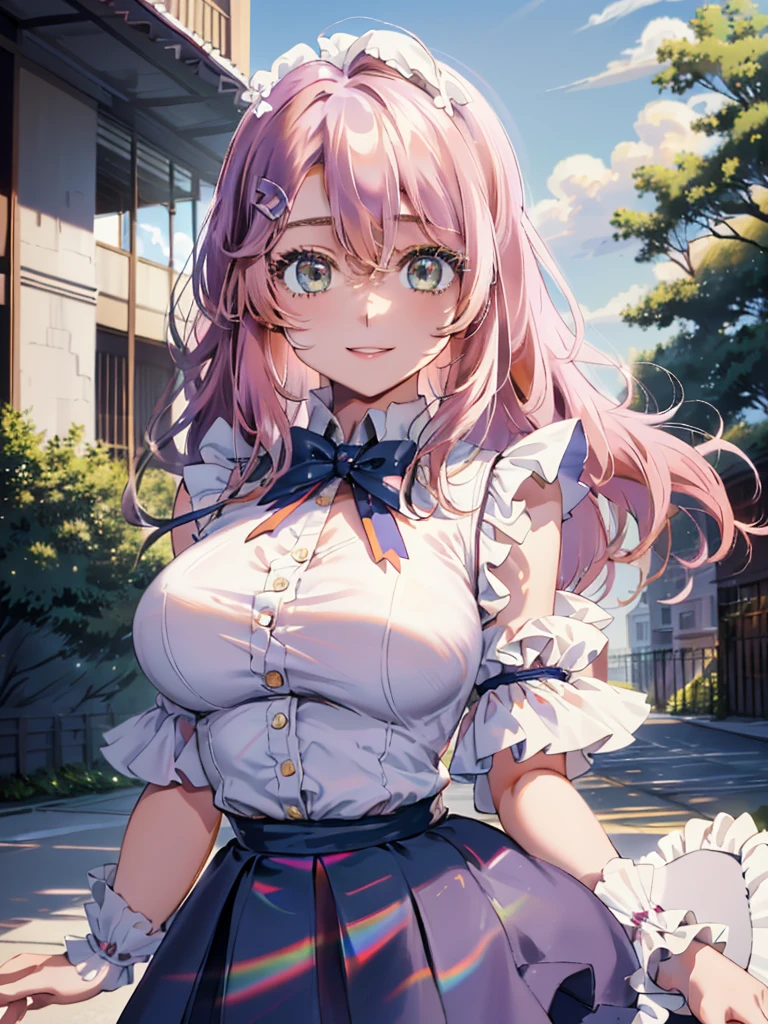 best image quality, (masterpiece:1.2), ultra detailed, exquisite, cowboy shot, high quality, Beautiful art, One Girl, looking at viewers, (leaning forward:1.5), arms behind back,  ((18 years old, Big Breasts, Giant bust:1.2)), fair skin, beautiful skin, Detailed teeth, Light green eye rest, Meticulous Eyelash Details, twinkle(in the eyes), Pastel pink French Braid, thin, smile, Heartily laugh, Fashionable clothes、(white ruffled blouse:1.1)、White collared goss shirt, (dark blue high-waist skirt:1.5), (Short sleeve shirt:1.1), from above, 