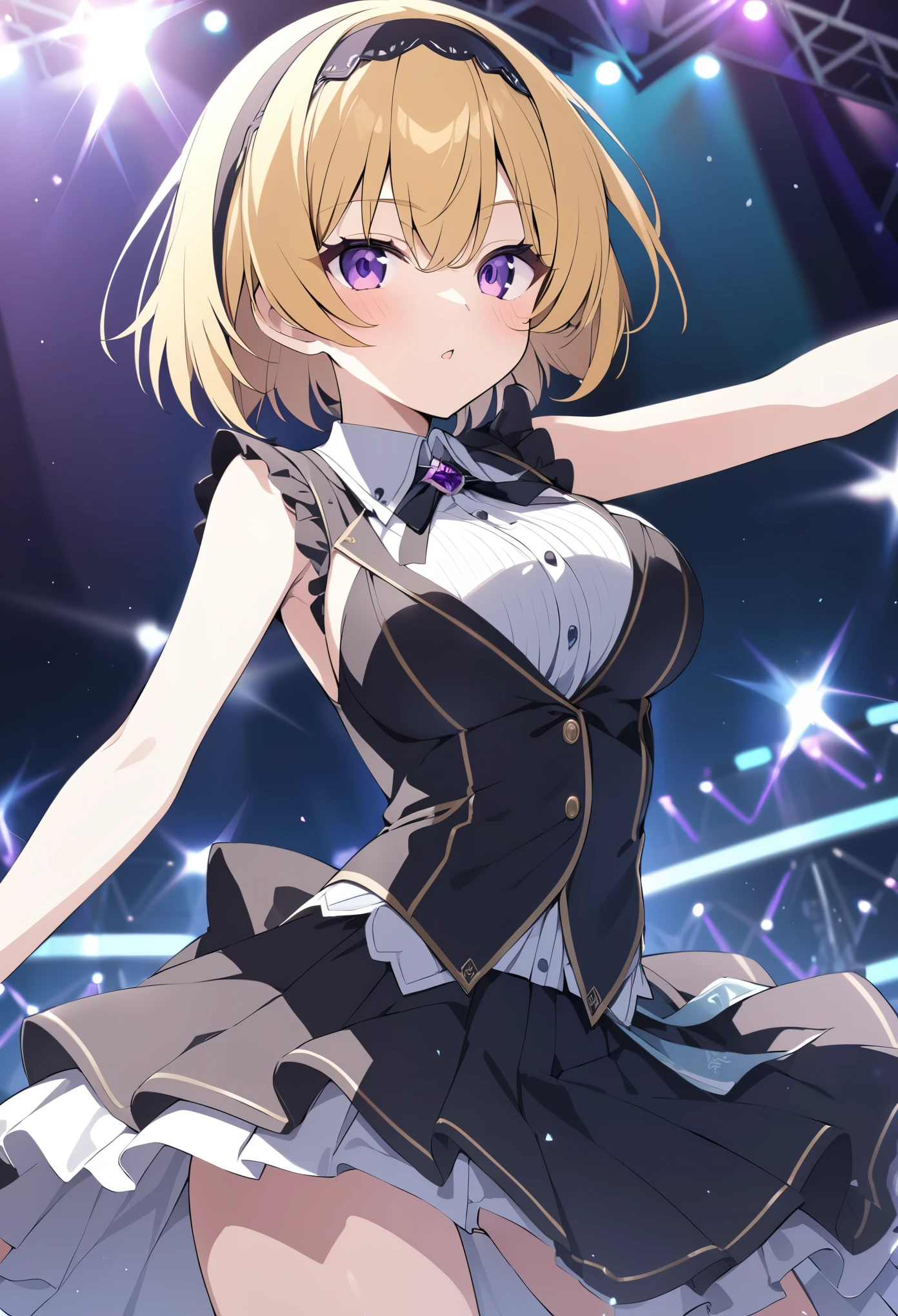 best quality, ultra high res,1girl, solo focus, ((black mini see through dress)), elbow dress, black thighhighs, frills, ribbons, studio background, (platinum blonde hair:1),floating hair,looking at viewer, facing front