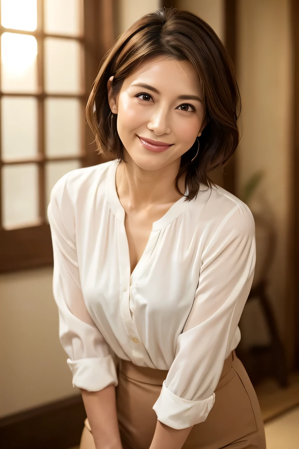 8K, Highest quality, masterpiece, Realistic, Realistic, Very detailed, Natural light, 1 Japanese female, 40 years old, Slightly brown-haired, short hair, White shirt, (Leaning forward to look into the floor camera), Detailed bending forward, Underwear and shirt, , Open neckline shirt with details, Her cleavage is visible, A refreshing smile, A friendly smile, Happy emotion smiley faces, Very detailedな顔と肌, Very detailedな目, Very detailedな顔と肌, Very detailed smile,