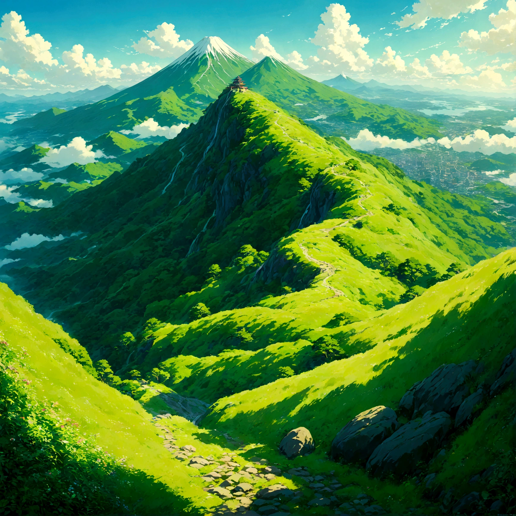 In clear, Cloudless sky、日本の象徴である雄大なFuji Mountainがそびえ立つ。Approaching the summit、hugeな体を持つdragonが、Leisurely winding。dragonの体は、深いgreenの鱗で覆われ、Kanekoの目が鋭く輝いている。Long beard fluttering in the wind、Looks like&#39;About to fly high、powerful姿。dragonの巨体とFuji Mountainの雄大さが織りなす、荘厳でmysteryな風景。美しいAnime Landscape, landscape painting, Beautiful Numbers, Andreas Rocha, Beautiful artistic illustration, Great wallpaper, Han Ruiwen, Tall and beautiful painting, Studio Ghibli Makoto Shinkai, Beautiful wallpaper, Anime Landscape, Fuji Mountain, dragon, huge, green, Kaneko, powerful, mystery, Humans can&#39;t draw