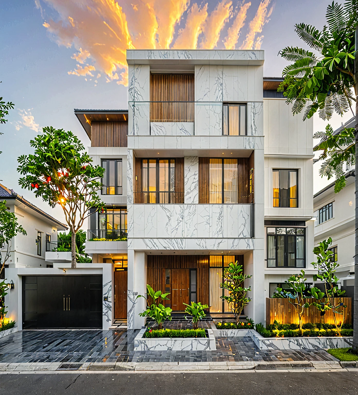 modern townhouse on street, (sunset), tropical tree, vivid colour, streetcapes, white tone, white wall, large glass door, (warm interior lighting:1.2), wood and marble, best quality,
