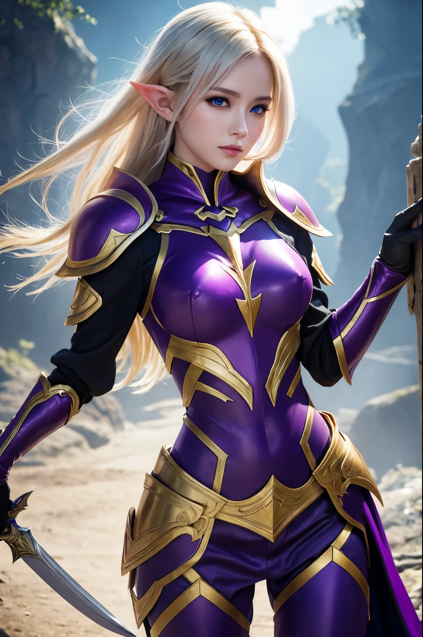 8K,Blonde short bob hair elf、Super Beauty(Like the real thing),An Arafed woman in purple and black holding a silver and purple bow、Ultra-detailed fantasy characters、3DレンダリングCharacter Art,blue eyes,Detail Fantasy、Stunning Armor、見事なCharacter Art、Enchantingなメスマー女性、Gorgeous Female Paladin、Ultra-high resolution、Ultra-Realistic Skin、Beautiful expression、Sexy appearance、Enchanting、Beautiful small breasts,Rich colors、Backlight、Cinema Lighting、Film Grain、50mm lens、Nikon D850、Fantasy art,Character Art、Dynamic fighting poses、In a dimly lit dungeon、Makeup、Elf Ears,Very muscular and slim body,Very very strong abs,Silver hair ornament(one point),Purple and black combat trousers,Super macho,smile,With a silver and purple bow,