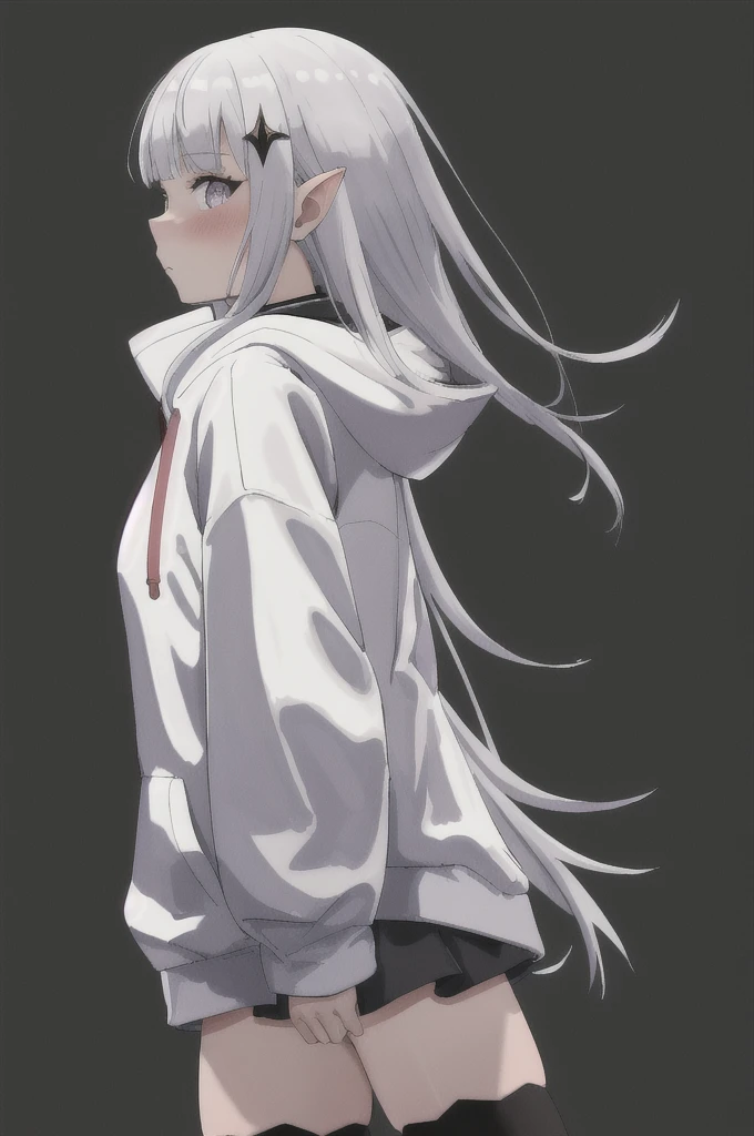 masterpiece, Best quality, A high resolution, ultra detailed,  Satella, White hair, 1 girl, long hair, pointed ears, hair ornament, Tights, Gray background, hood, Looking at the viewer, black Tights, cosplay, simple background, long sleeves, blush, standing, very long hair, jacket, From Side, cowboy shot,  brilliant, brilliant hair, hood down, white jacket, alternative costume, hoodie, sleeves above the wrists