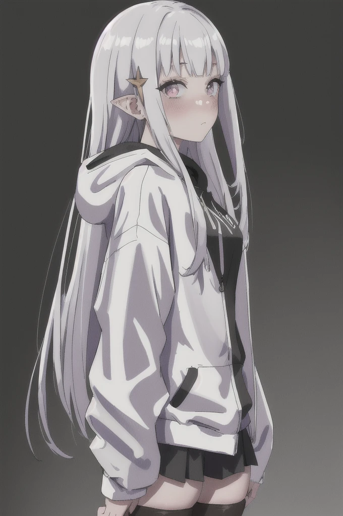 masterpiece, Best quality, A high resolution, ultra detailed, Satella, White hair, 1 girl, long hair, pointed ears, hair ornament, Tights, Gray background, hood, Looking at the viewer, black Tights, cosplay, simple background, long sleeves, blush, standing, very long hair, jacket, From Side, cowboy shot, brilliant, brilliant hair, hood down, white jacket, alternative costume, hoodie, sleeves above the wrists